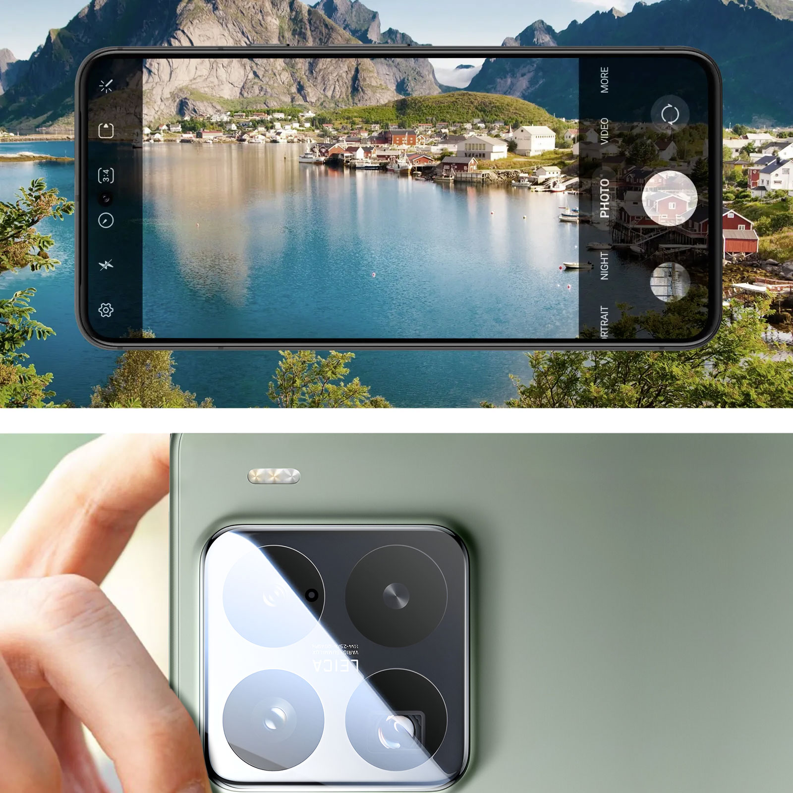 Un telefono mostra un paesaggio: montagne, un lago ed edifici. Il retro del telefono ha lenti della fotocamera. Una mano tiene il telefono.