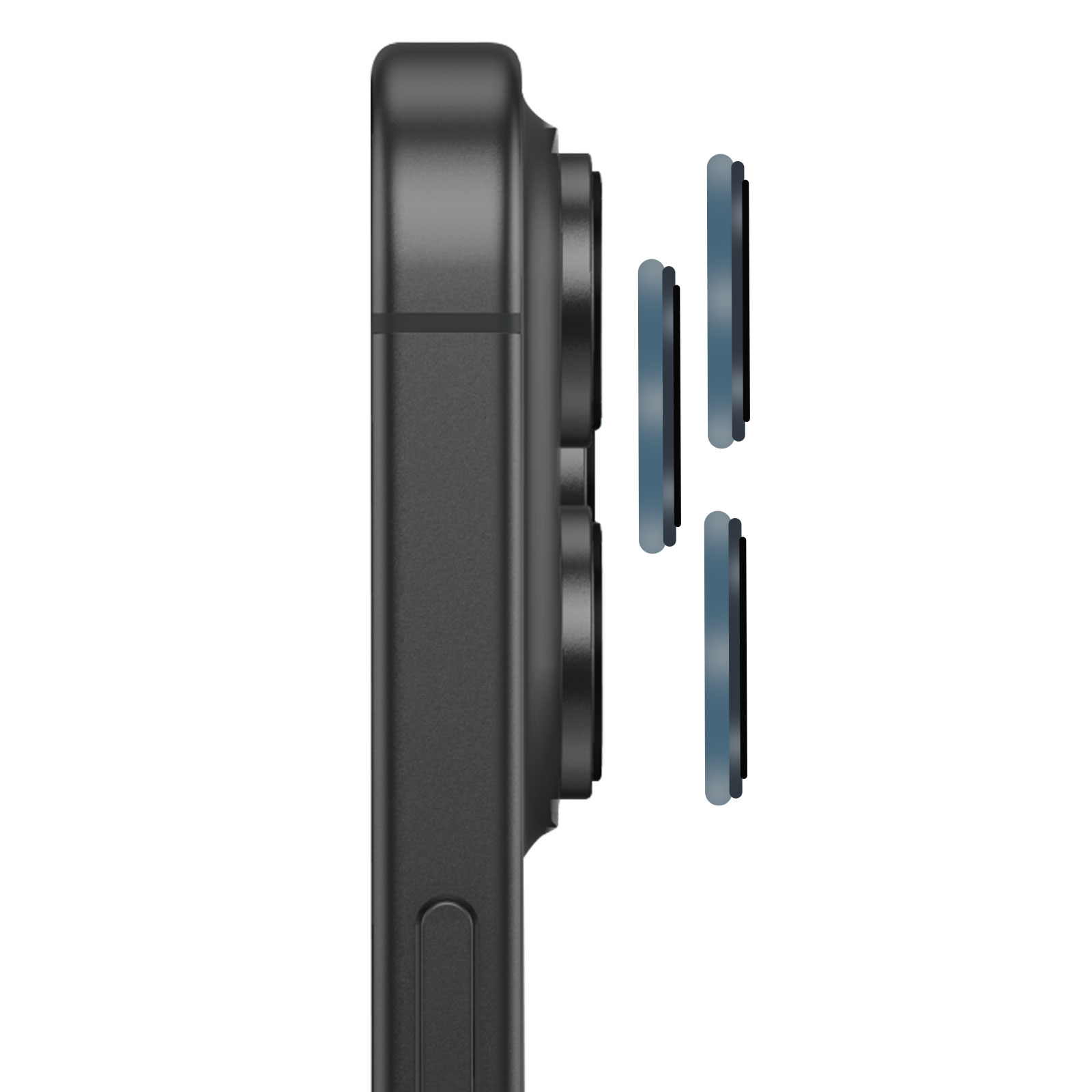 Vista lateral de un teléfono gris oscuro con tres lentes de cámara y tres protectores de lentes desmontados.
