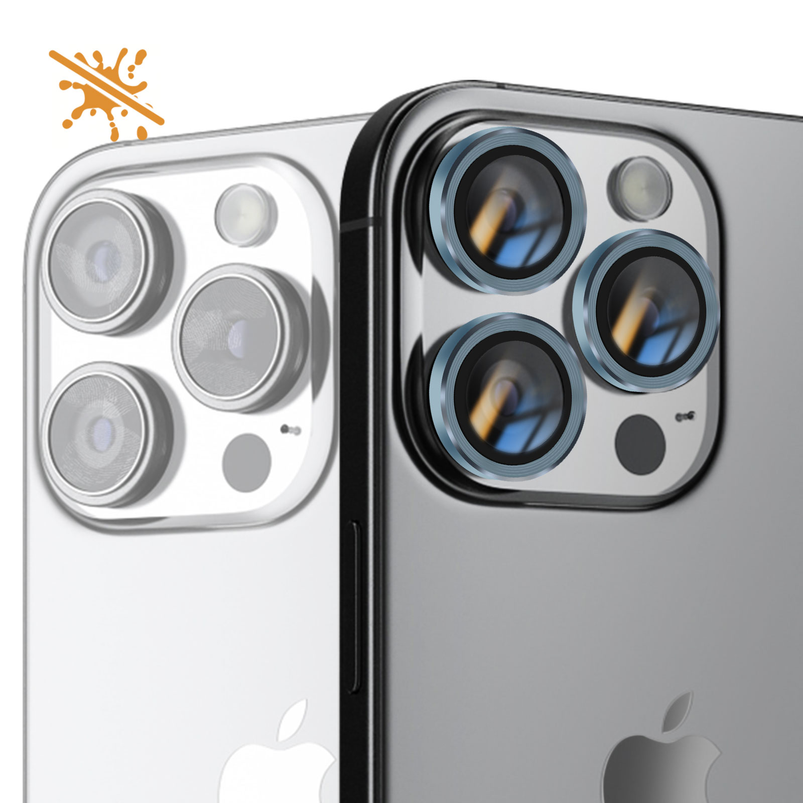 Dos iPhones uno al lado del otro. Uno tiene un símbolo de diseño a prueba de salpicaduras. Un teléfono tiene tres protectores de lentes de cámara.