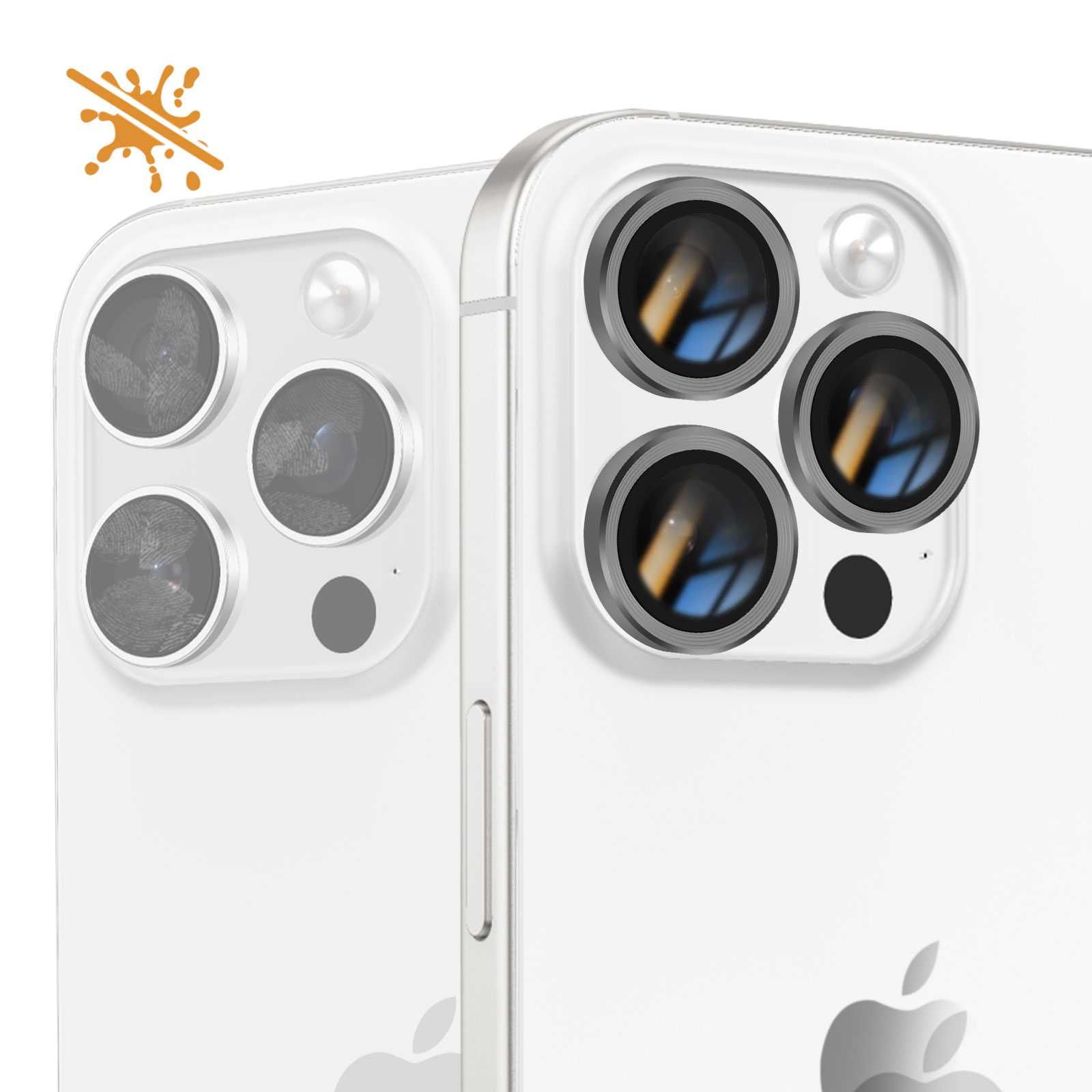 Dos traseras de iPhone blancas con lentes de cámara. Una tiene tres, la otra cuatro lentes. Icono de salpicadura en la esquina.