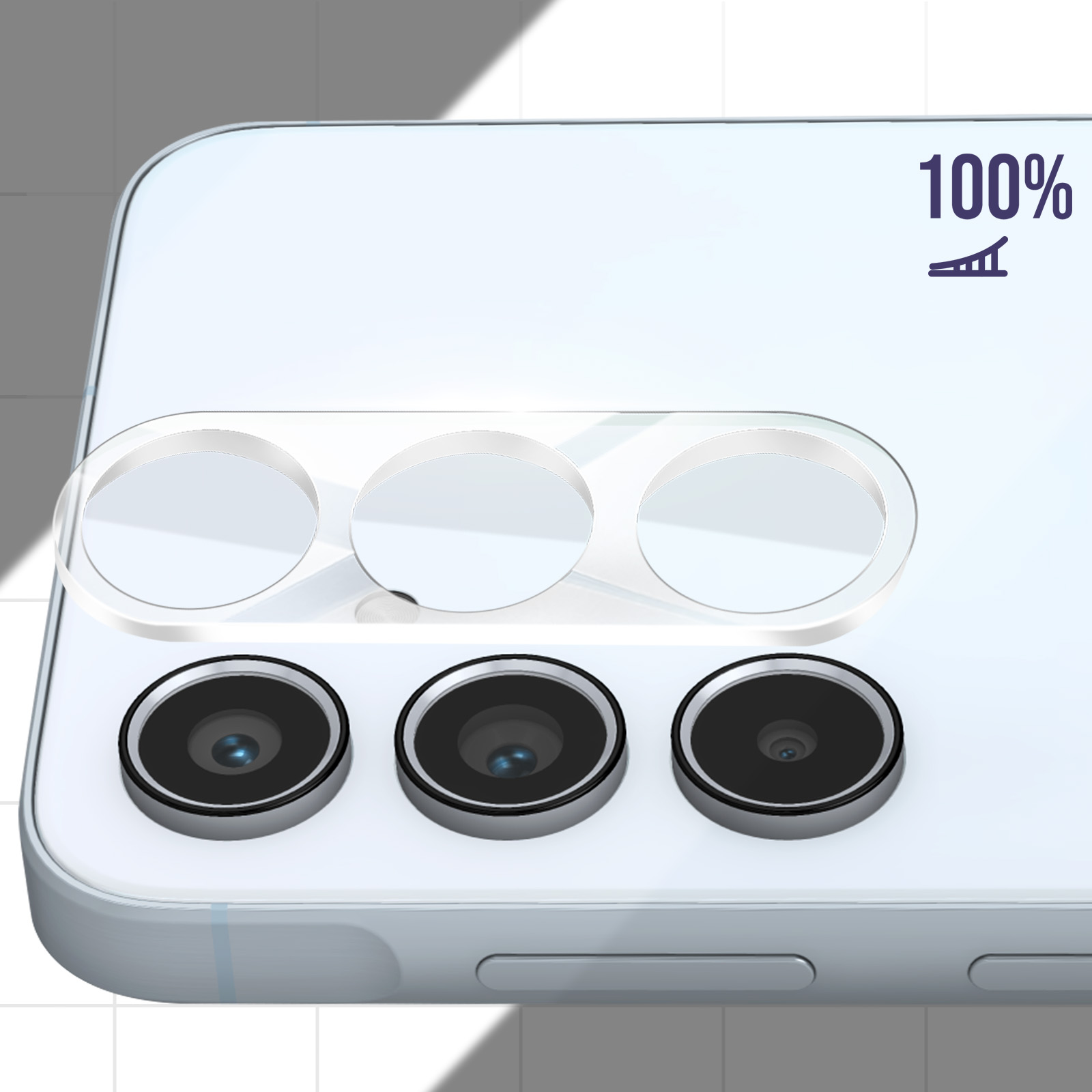Telefono bianco con tre obiettivi. Copriobiettivo trasparenti in alto, indicatore batteria al 100% e sfondo a mosaico.
