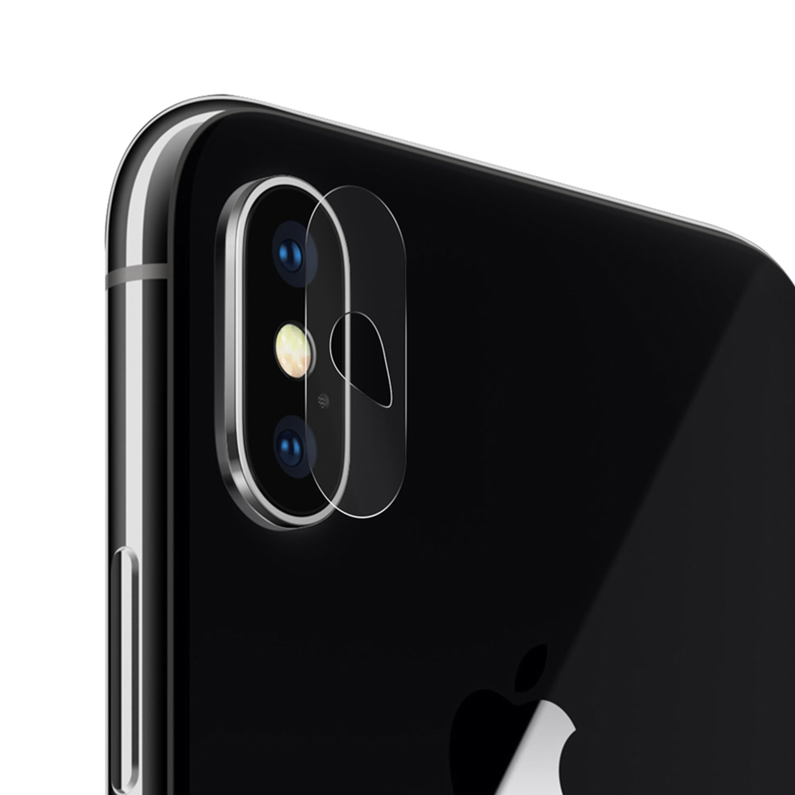 Retro smartphone nero con lenti della fotocamera. Una protezione trasparente copre le lenti. Logo Apple visibile.