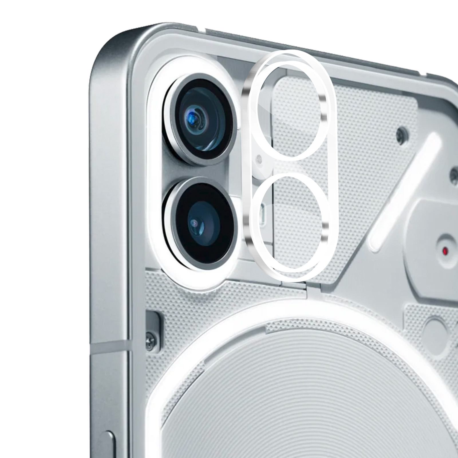 Primo piano del retro di un telefono con due lenti della fotocamera. Il telefono è grigio chiaro con un design trasparente. Dettagli bianchi.