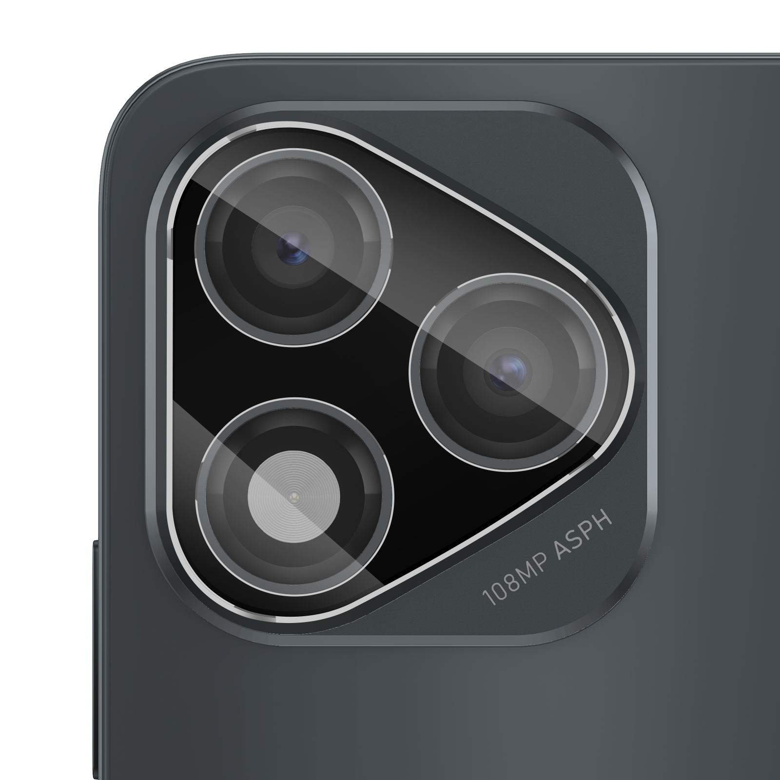 Primo piano di un modulo fotocamera per telefono con tre obiettivi. Il corpo è grigio scuro, gli obiettivi sono neri.