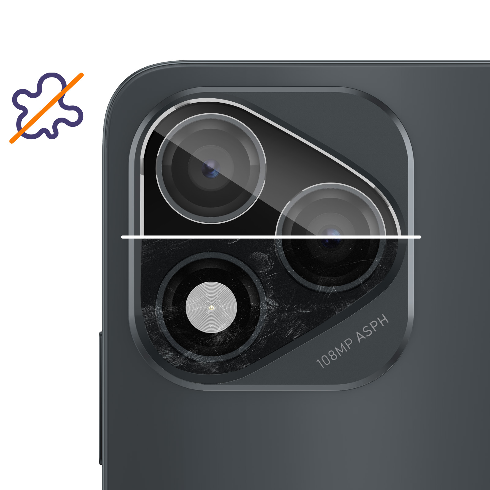 Primo piano del modulo fotocamera di un telefono. Le lenti sono visibili, contrassegnate da testo e circondate da una superficie scura e graffiata.