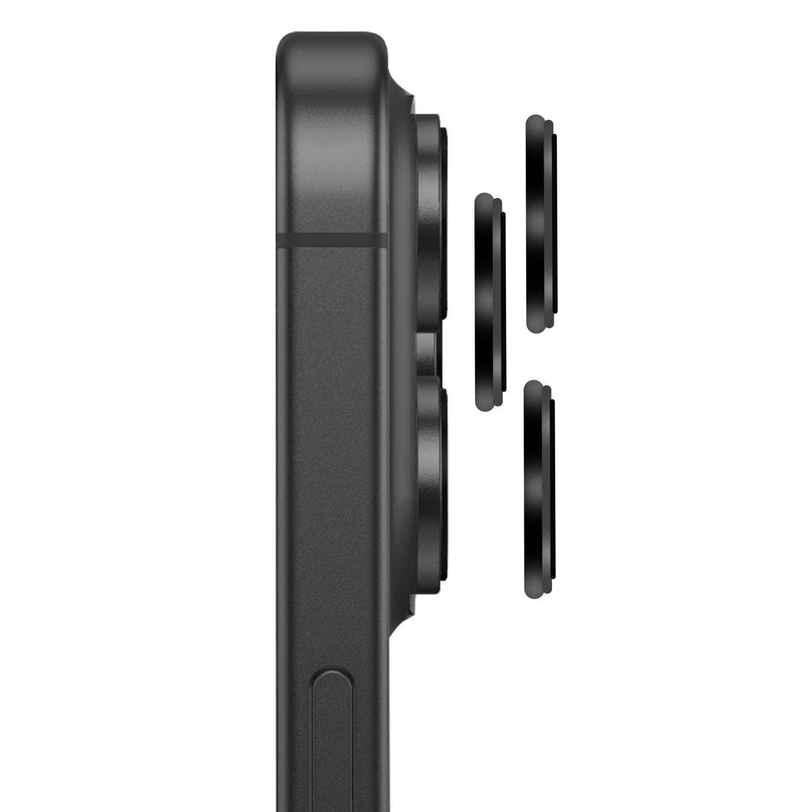 Vista lateral de un teléfono negro con lentes de cámara elevadas. Hay tres accesorios de lente junto al teléfono.