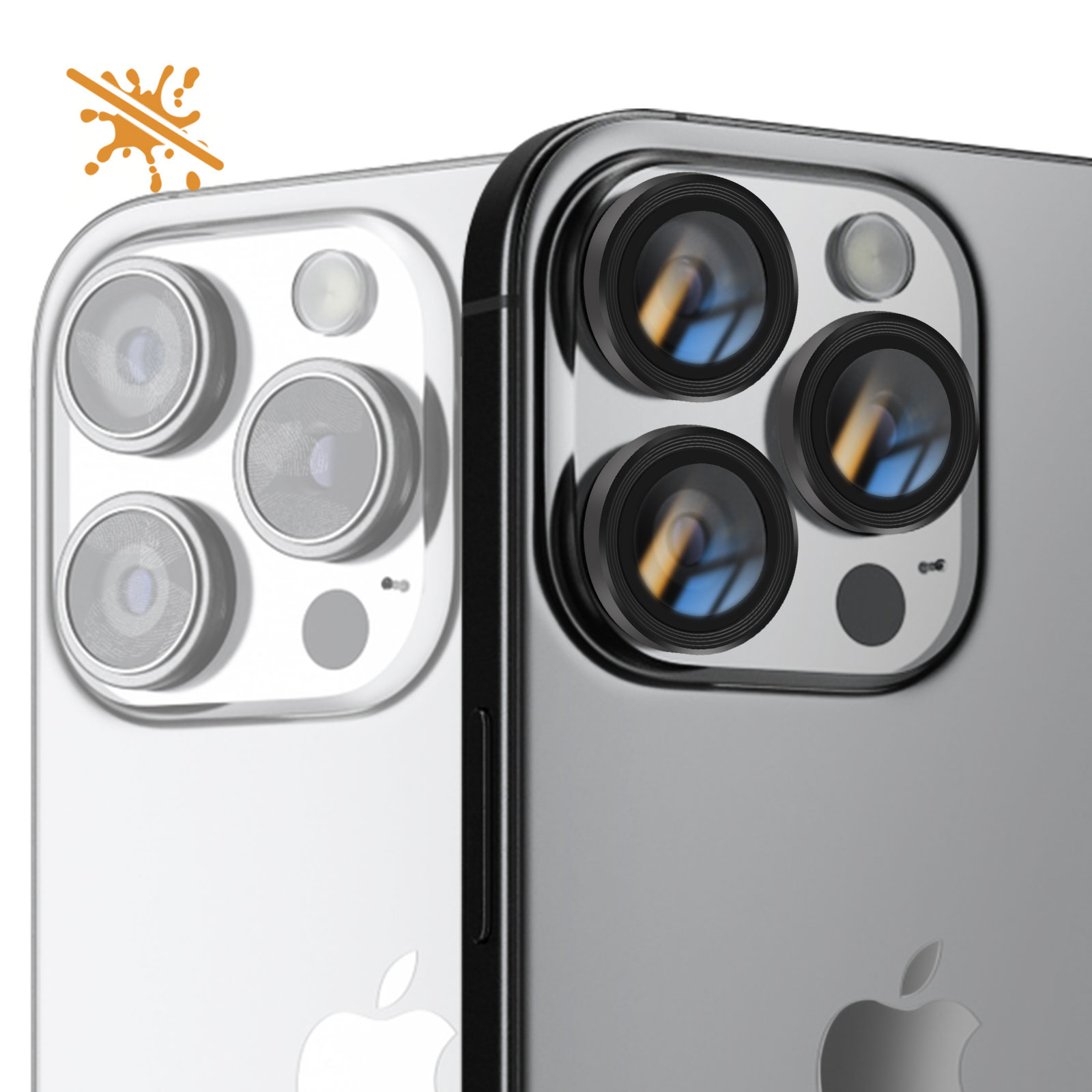 Dos respaldos de iPhone. Uno tiene tres lentes de cámara, un flash y un punto. El otro tiene cuatro lentes de cámara y un flash.
