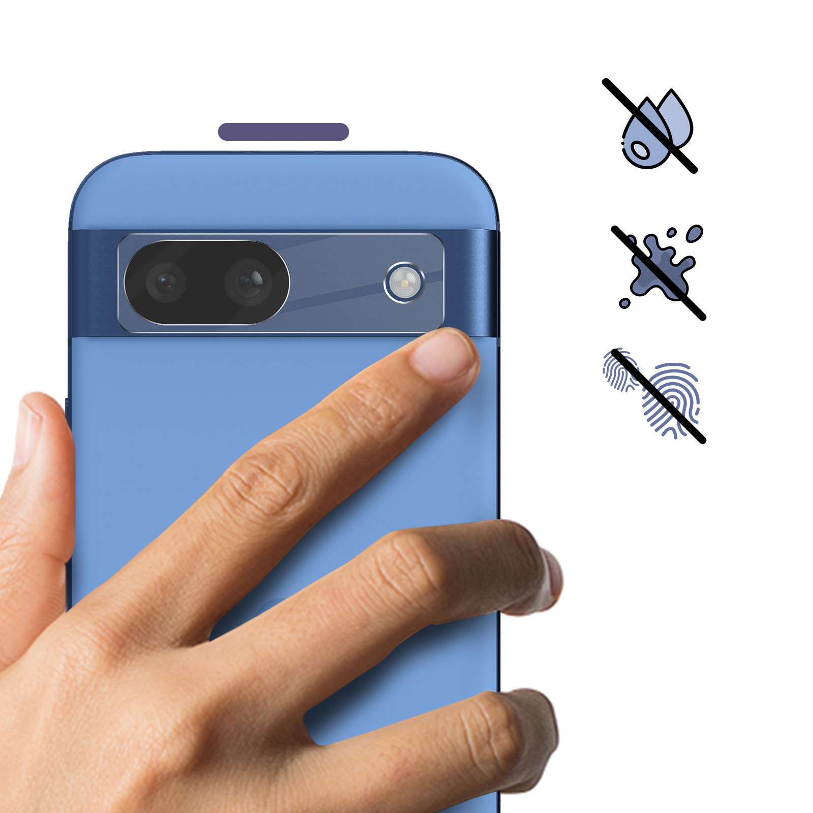 Una mano tocca un telefono blu. A destra ci sono icone che mostrano niente acqua, niente schizzi e niente impronte digitali.