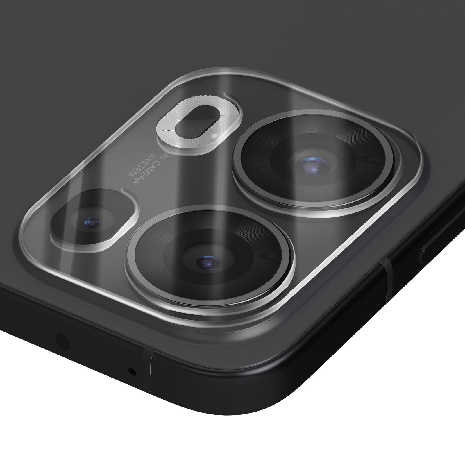 Primo piano del modulo fotocamera di uno smartphone. Diverse lenti sono visibili sotto una copertura trasparente. Il telefono è nero.