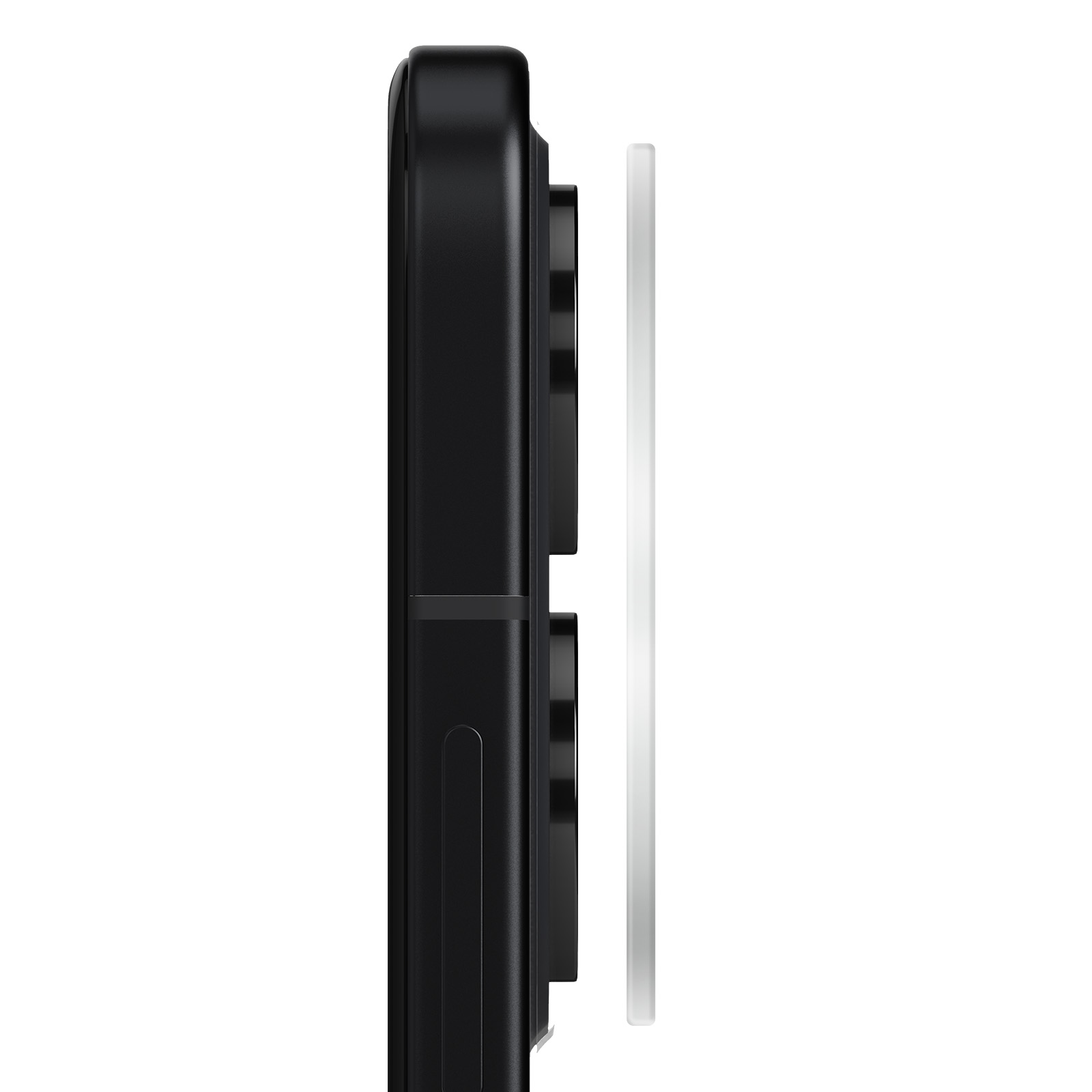 Vista laterale di uno smartphone nero con due lenti circolari e un accessorio rettangolare bianco.