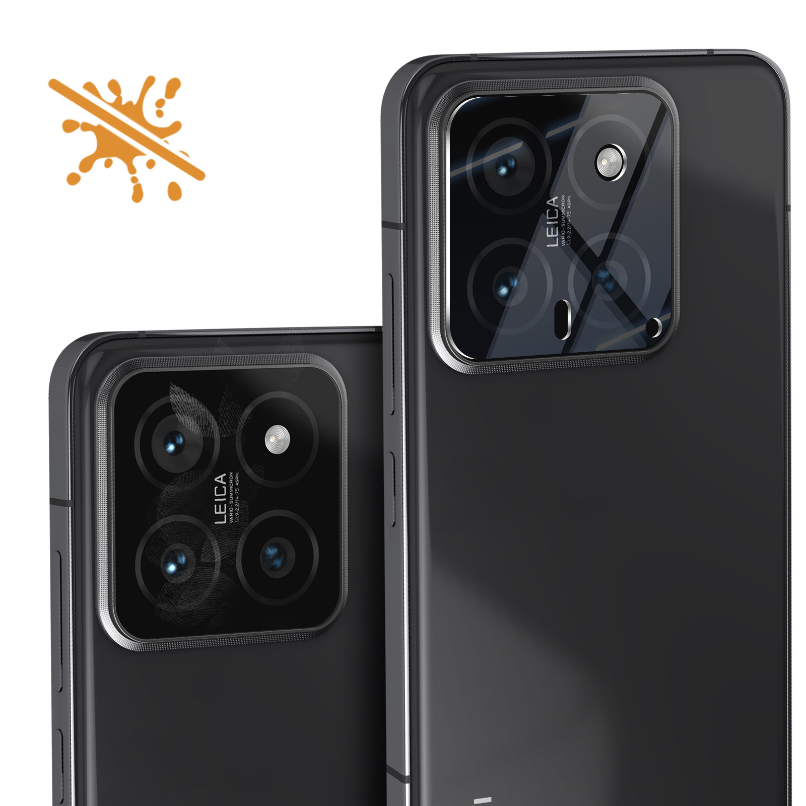 Sono mostrati due smartphone neri. Uno è a fuoco, mostrando l'array di fotocamere Leica. Un'icona anti-schizzo si trova in alto a sinistra.