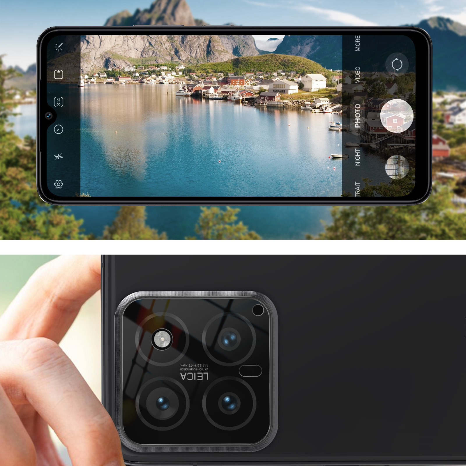 Un telefono mostra una vista panoramica di una città sul lago, con montagne sullo sfondo. Il retro del telefono mostra un obiettivo della fotocamera.