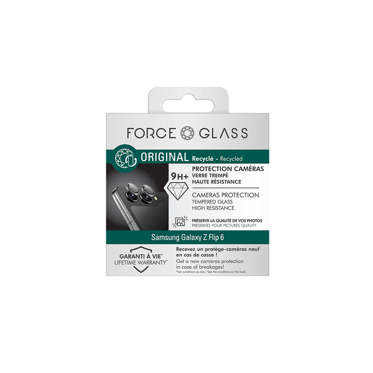 Een witte en groene doos met het "FORCE GLASS" logo. Tekst benadrukt functies zoals camerabescherming voor Samsung Galaxy Z Flip 6.