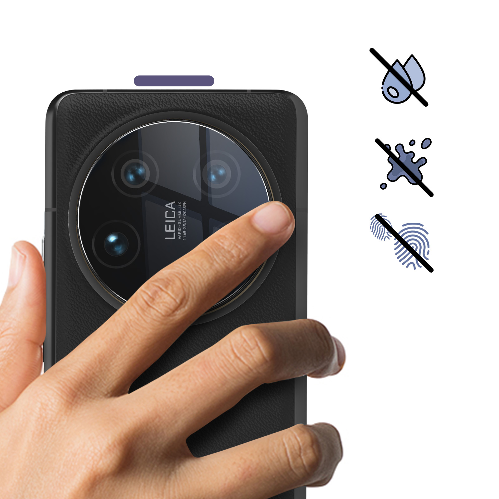 Mano che tocca uno smartphone nero con tre icone: niente acqua, niente schizzi e niente impronte digitali. Obiettivo Leica visibile.