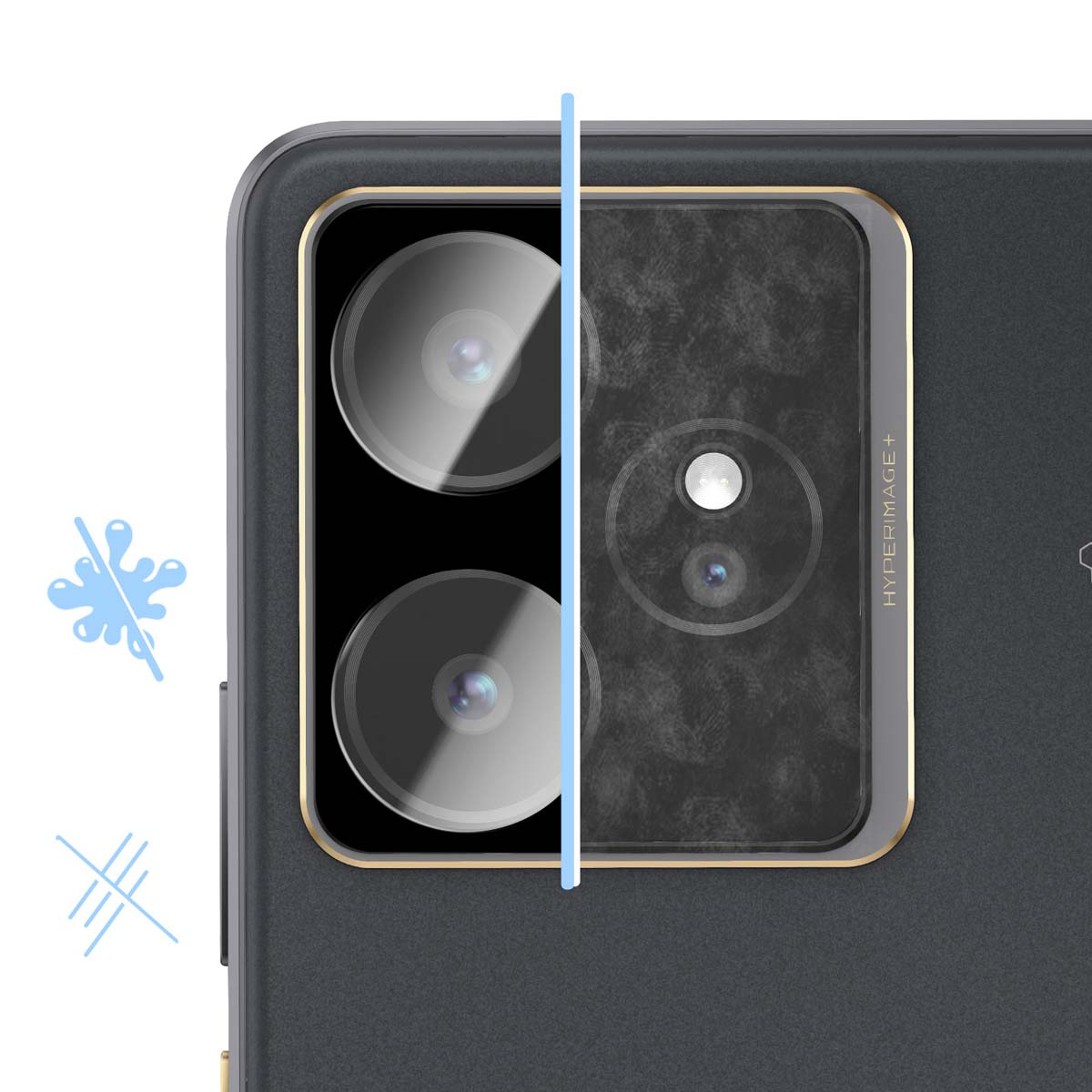 Gros plan sur un module caméra de téléphone avec trois lentilles. Le cadre est gris foncé avec une bordure dorée et une ligne verticale bleu clair.