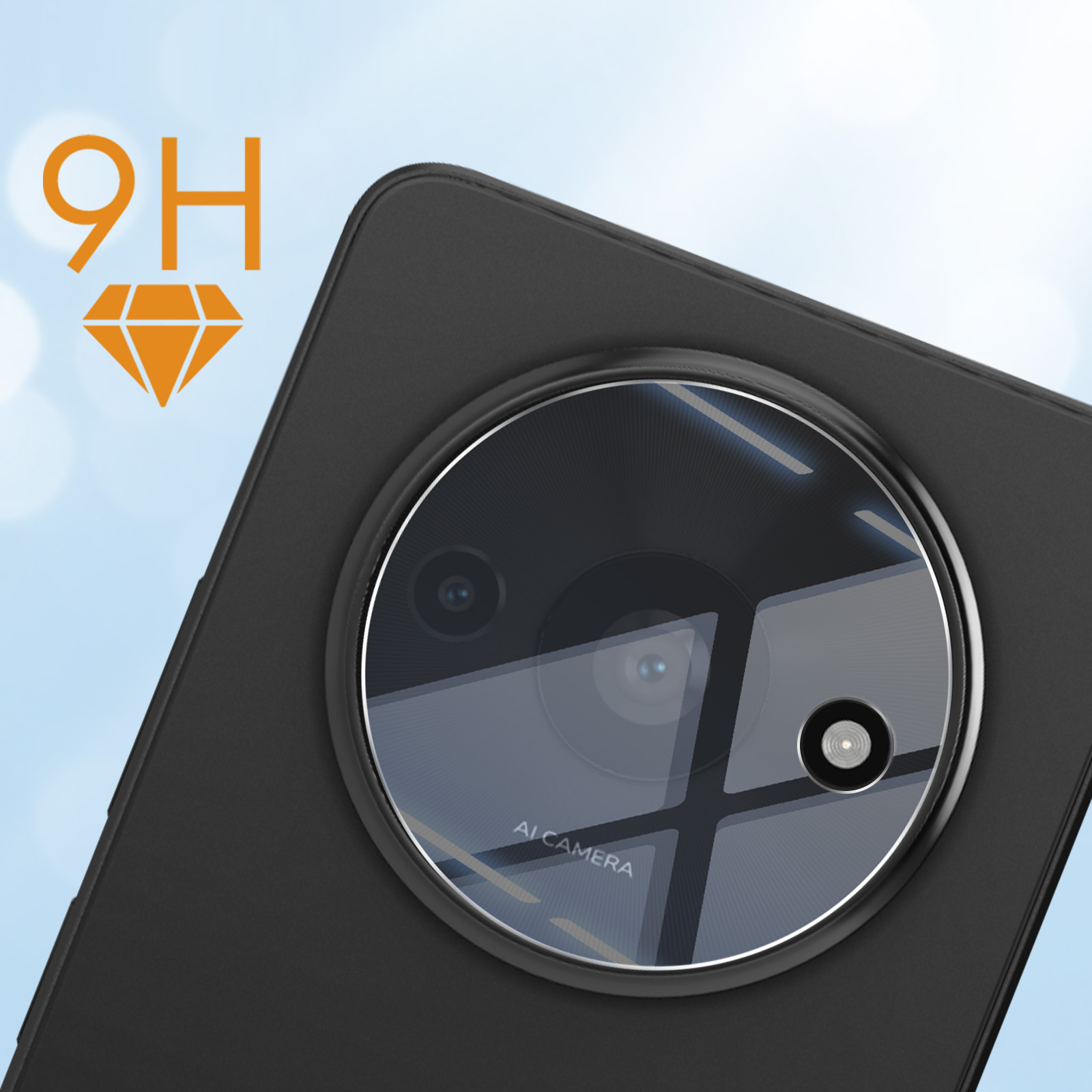 Primer plano de un teléfono negro con una lente de cámara grande. Iconos naranja 9H y diamante en la parte superior izquierda.