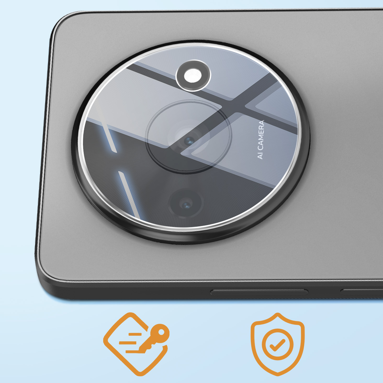 Primer plano de un teléfono inteligente con una lente de cámara grande. Iconos naranjas de una llave y un escudo en la parte inferior.