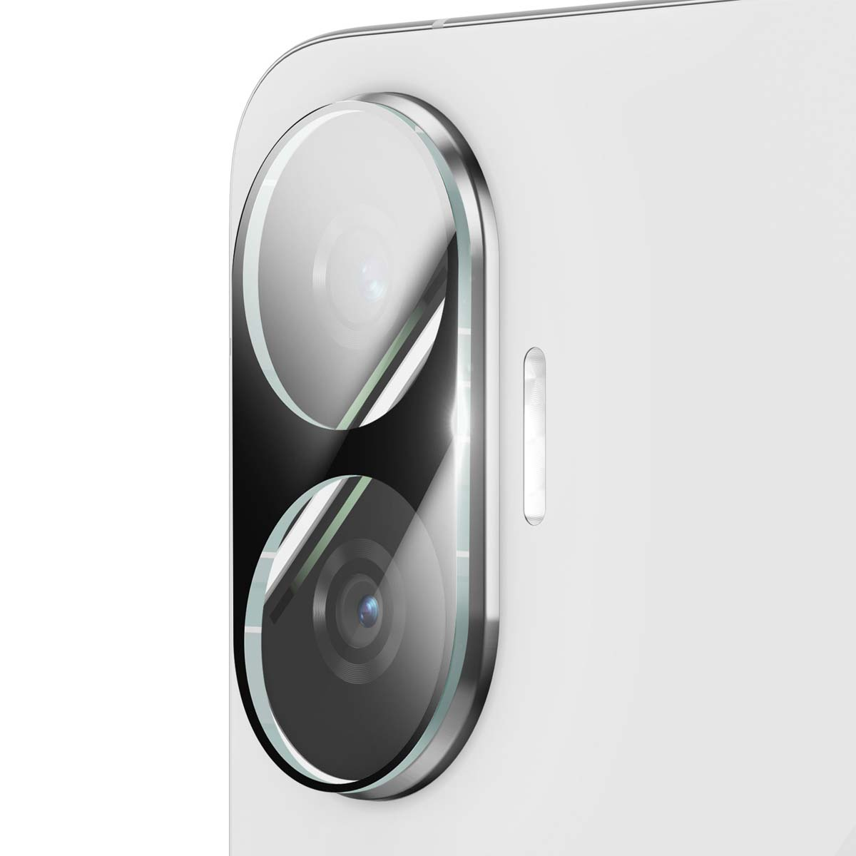 Primo piano del modulo fotocamera di un telefono. Due lenti sono visibili, circondate da una cornice argentata, su un corpo telefono bianco. Un flash è anch'esso mostrato.