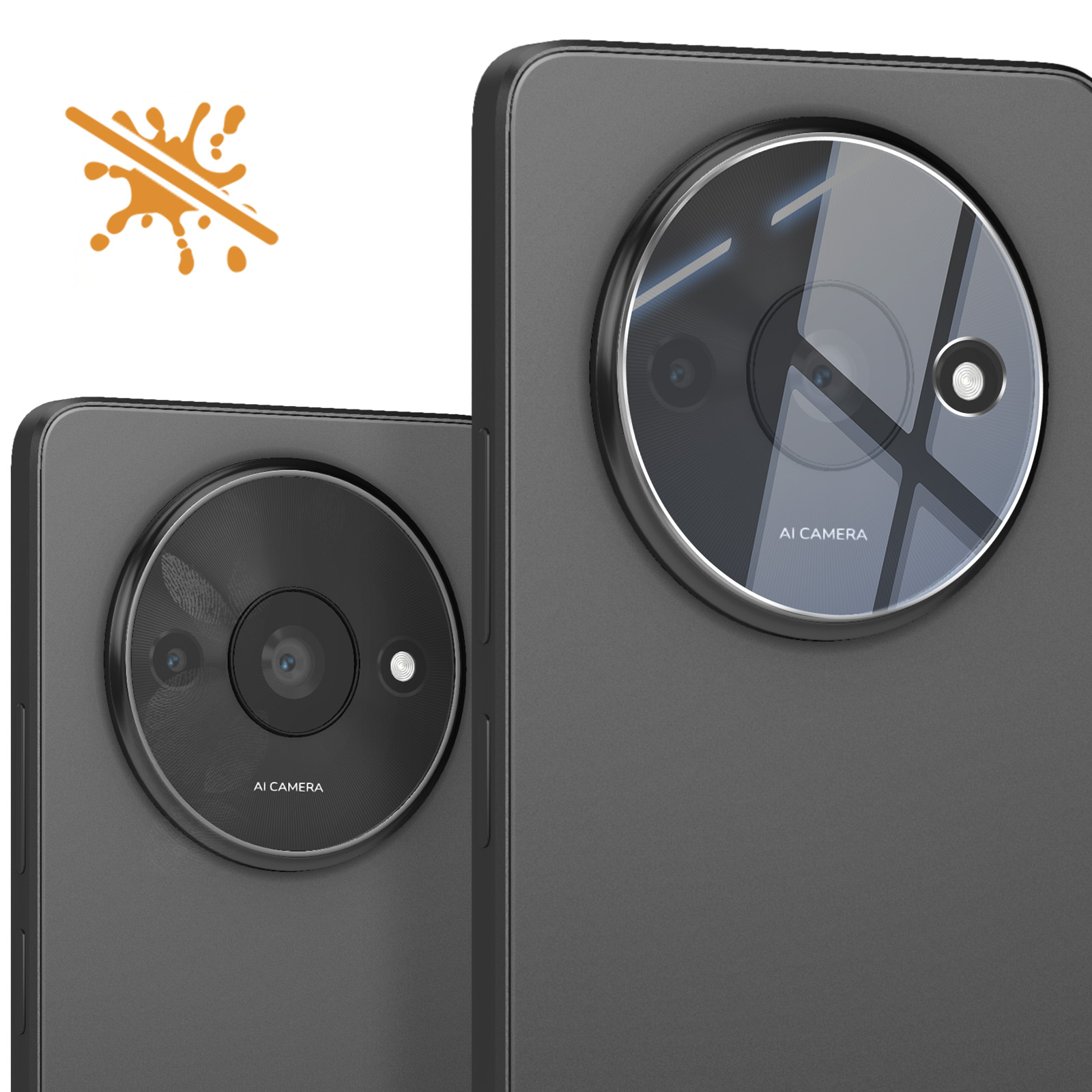 Se muestran dos teléfonos inteligentes de color gris oscuro con grandes módulos de cámara circulares, uno delante del otro. También hay una mancha naranja con una línea que la atraviesa.