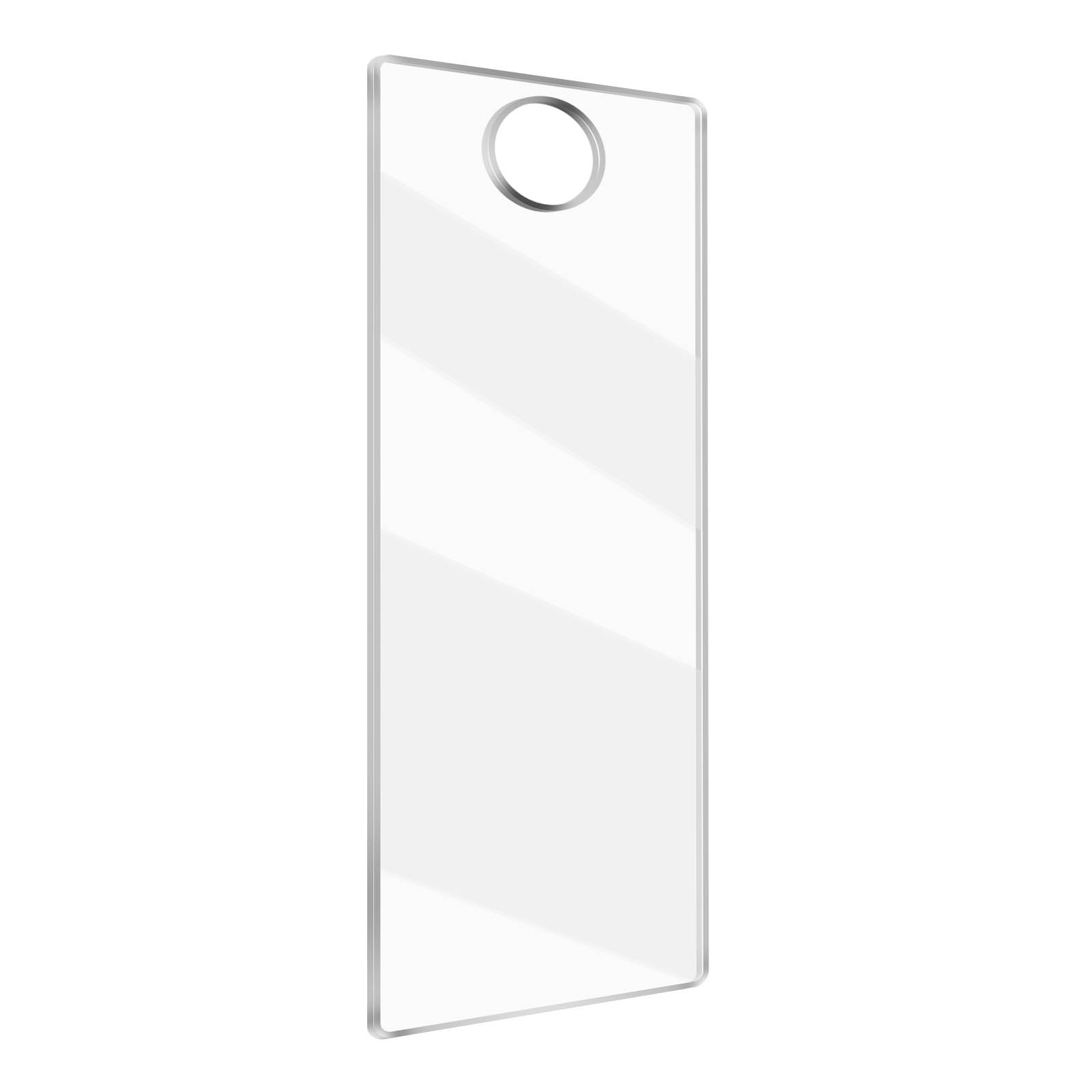 Un accroche-porte rectangulaire transparent avec un trou en haut. Il a une surface brillante et réfléchissante et un contour argenté.