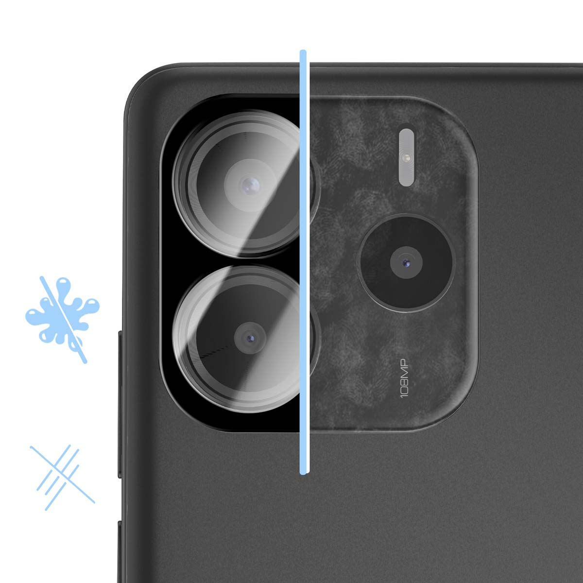 Gros plan du module caméra d'un téléphone avec trois lentilles et un flash. Le téléphone est noir, avec une étiquette 108MP.