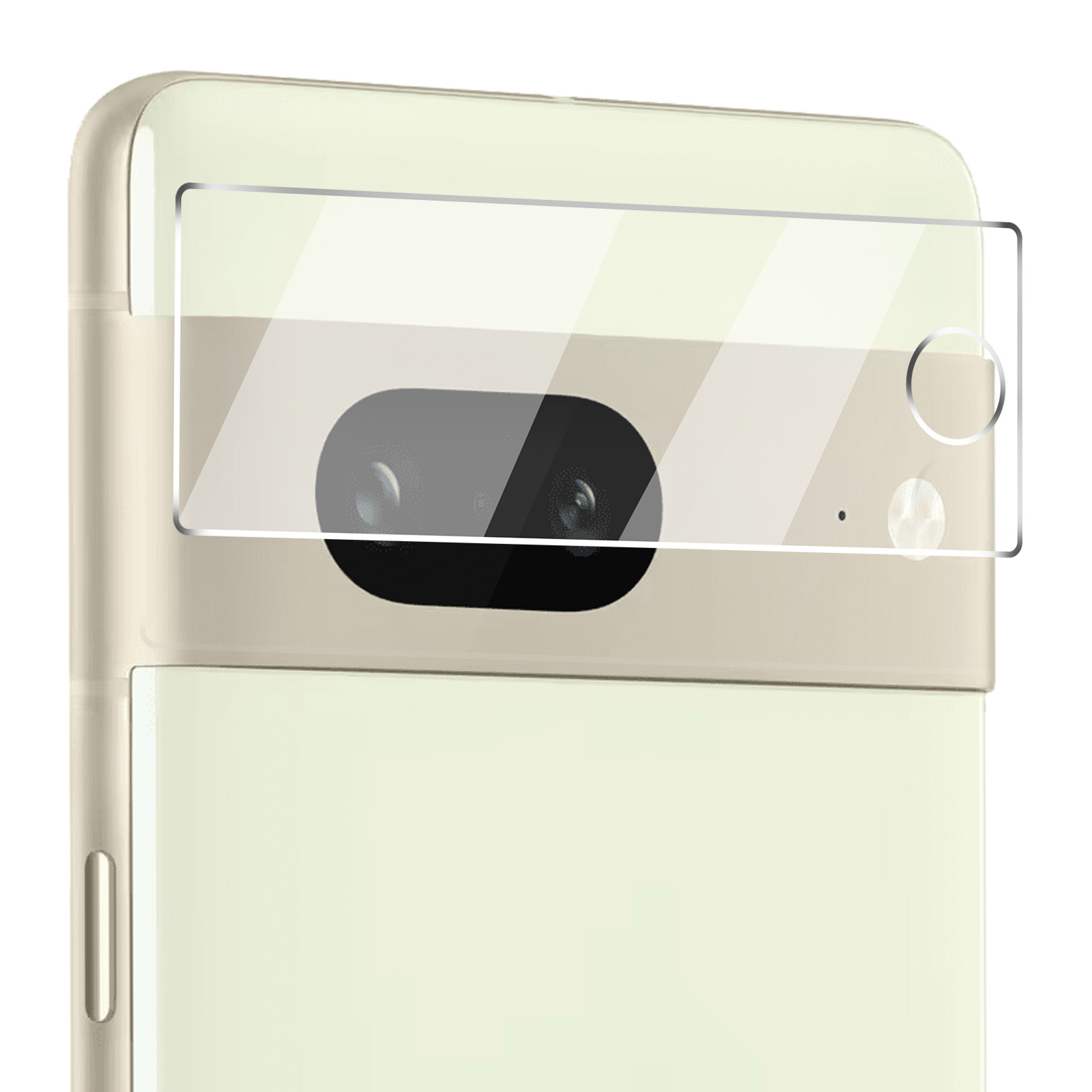 Dos de smartphone, barre de caméra avec lentilles et flash, protégé par un protecteur d'écran. Téléphone beige sur fond blanc.