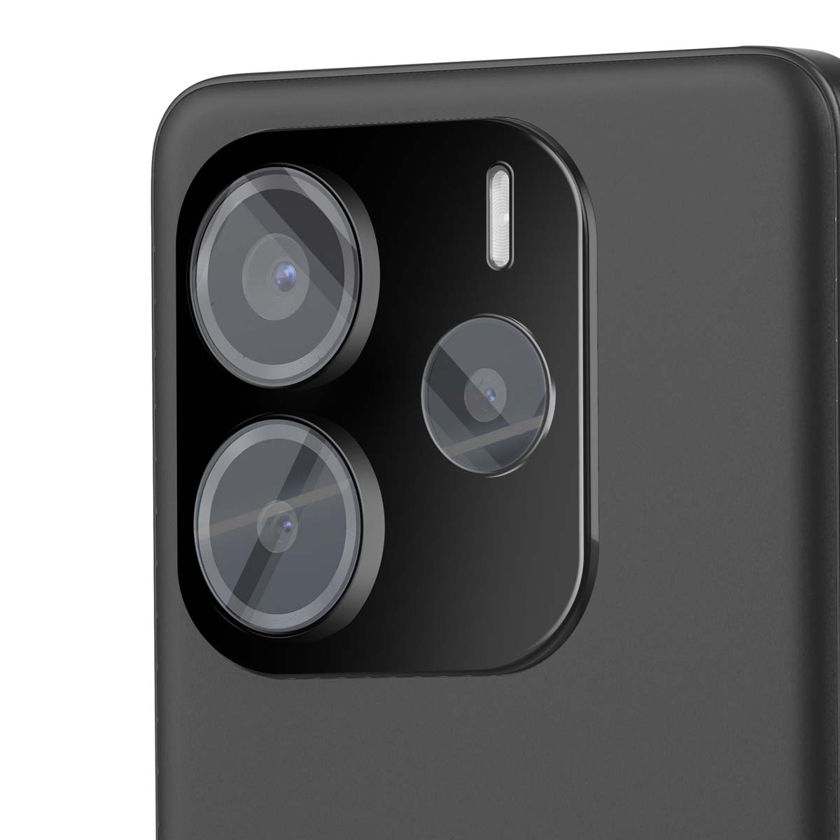 Gros plan d'un ensemble de caméras de smartphone noir. Trois lentilles et un flash sont visibles sur une surface noire.