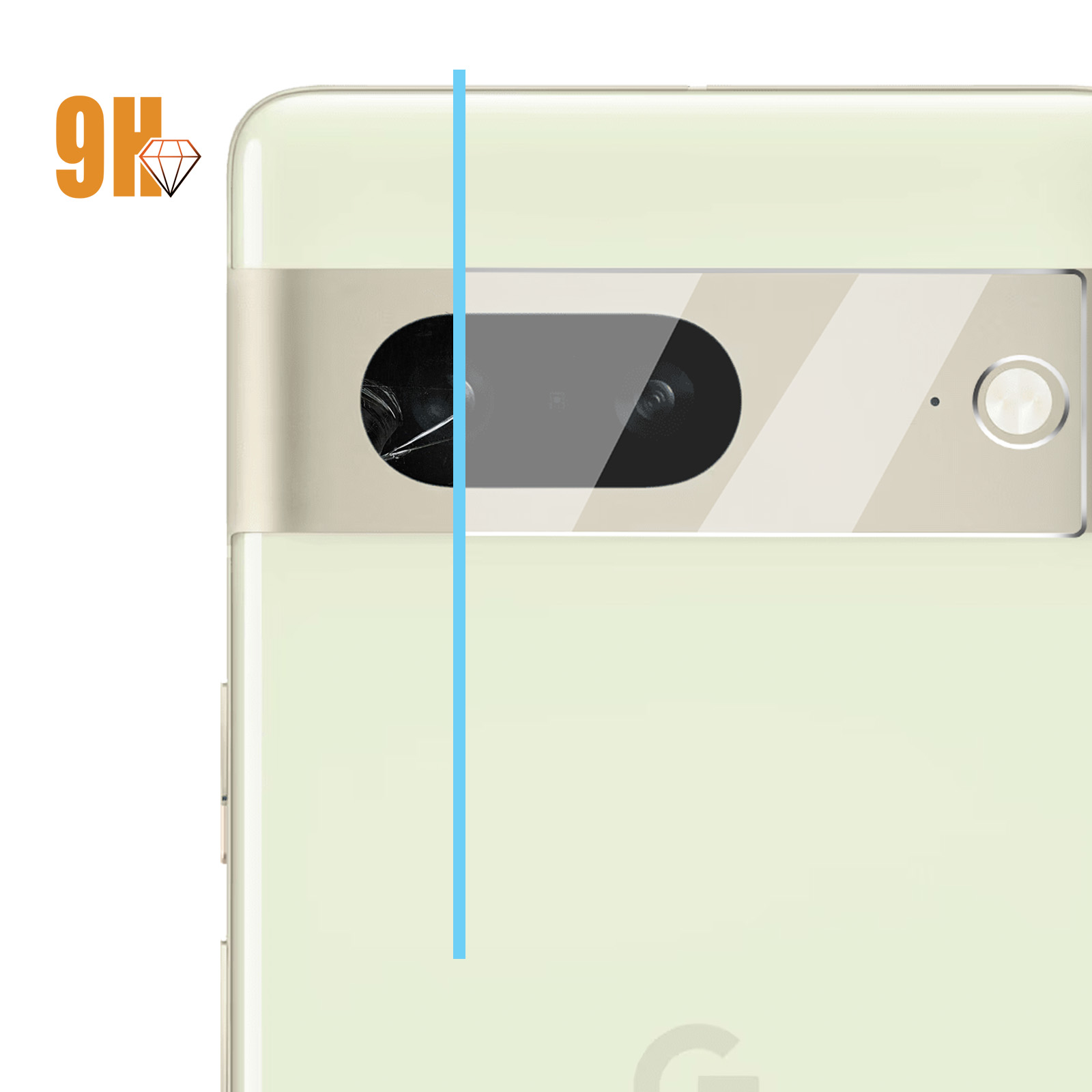 Gros plan sur un protecteur d'appareil photo de téléphone portable. Le protecteur est sur un téléphone avec une caméra, un flash et une ligne verticale bleue.