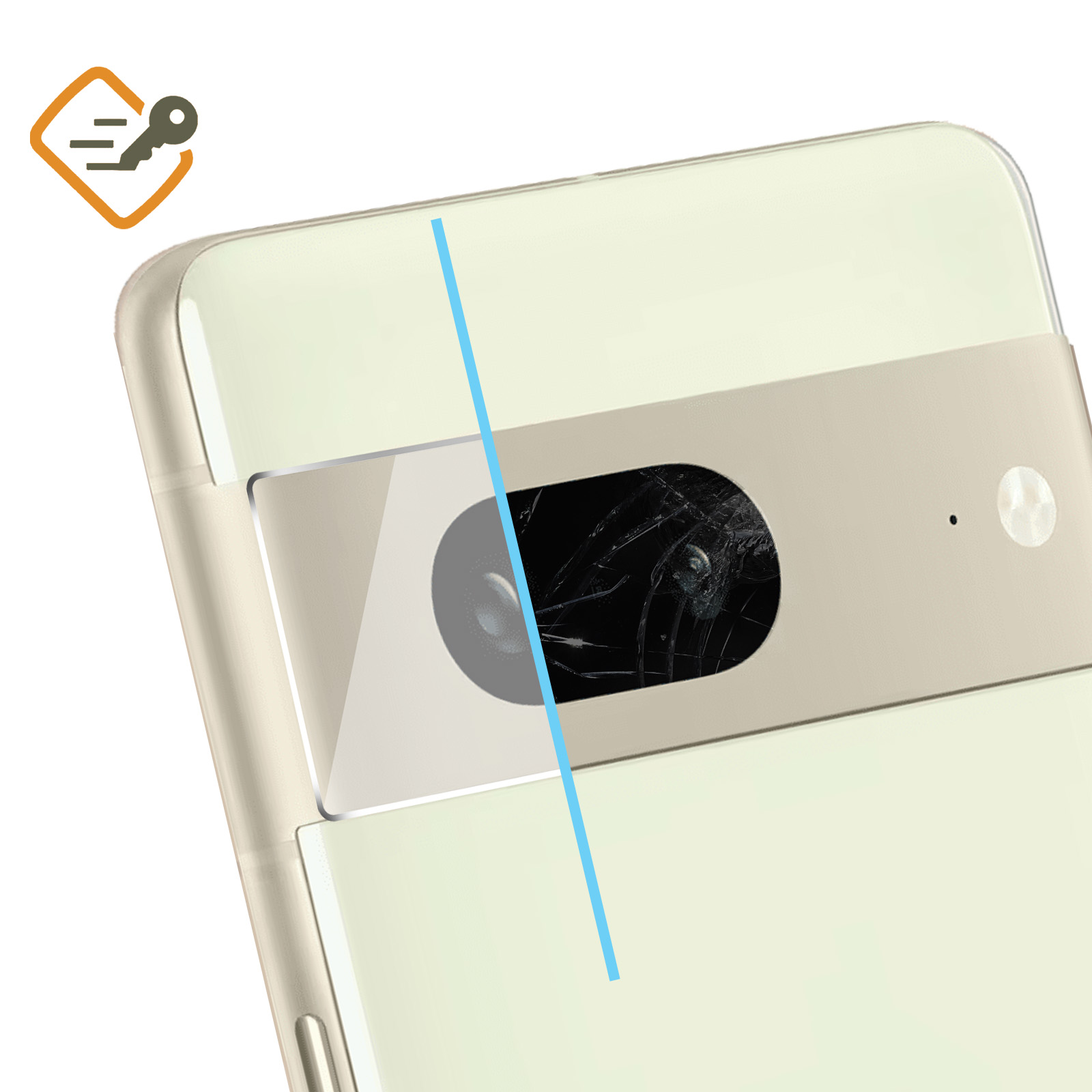 Gros plan de l'arrière d'un téléphone avec un objectif d'appareil photo fissuré. Une ligne bleue est sur l'écran.