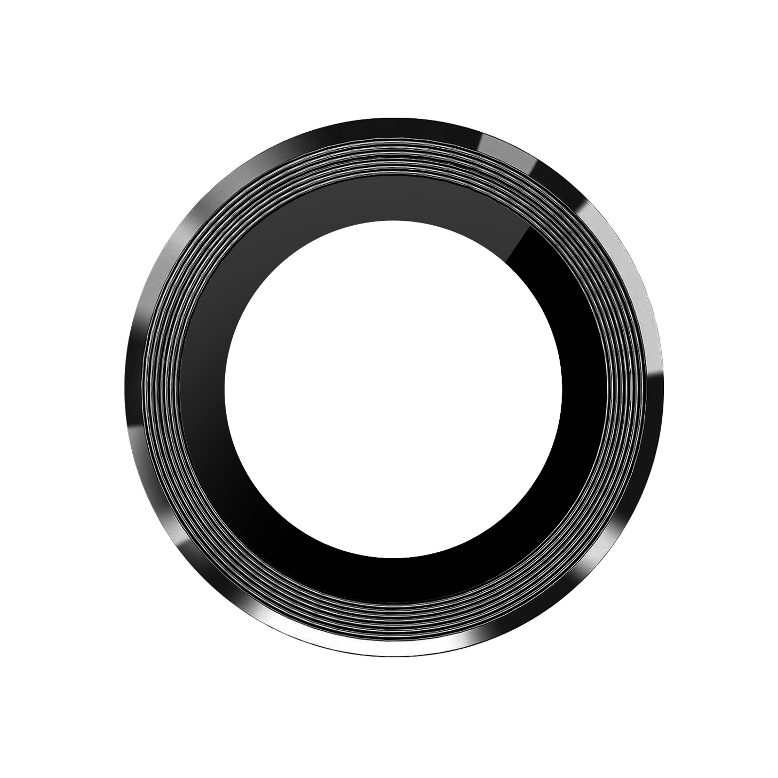 Un objeto circular con un anillo interior negro, un anillo exterior metálico con ranuras y un centro blanco.