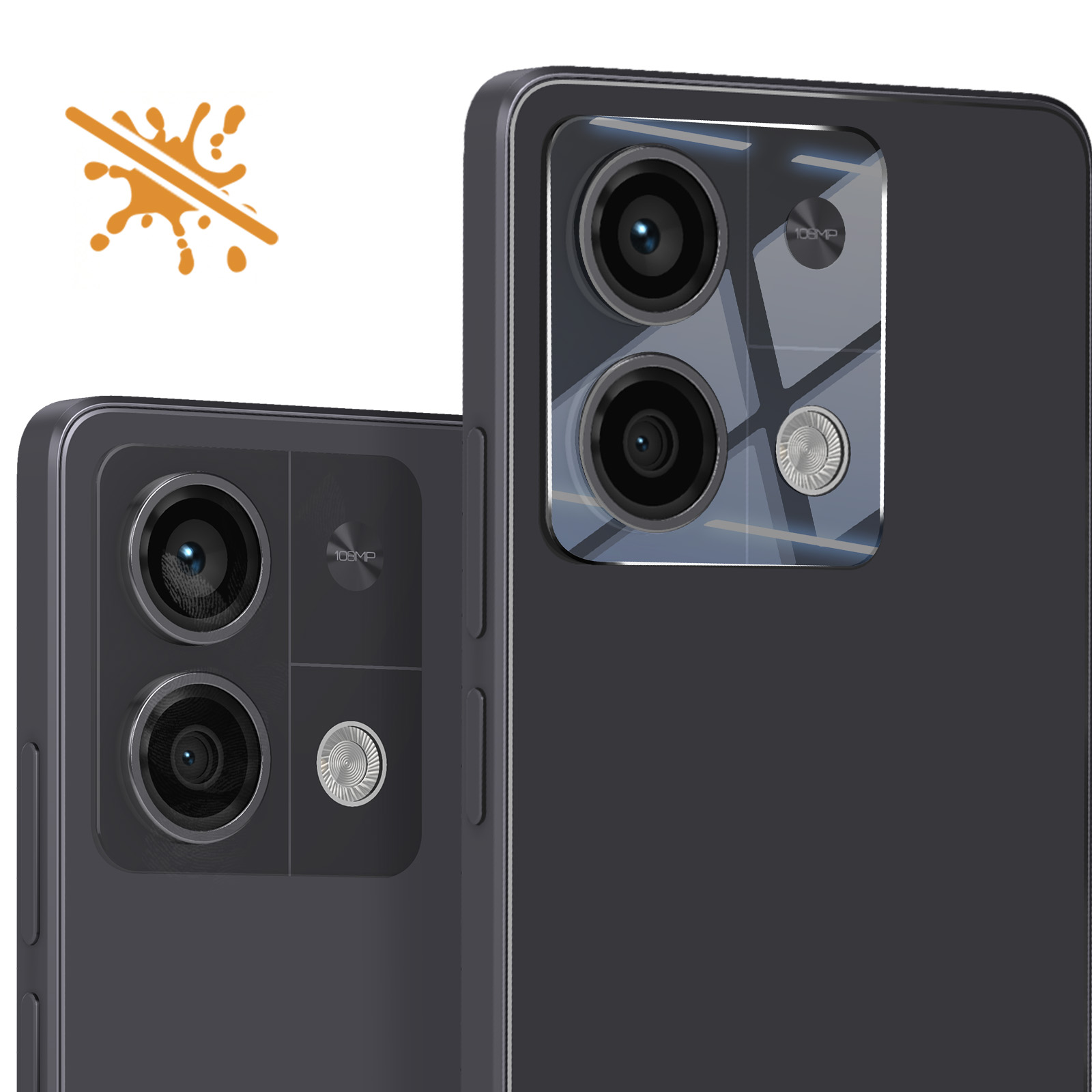 Primo piano di due smartphone grigio scuro. Ognuno ha una serie di fotocamere con obiettivi. Uno schizzo arancione con un segno sbarrato è sullo sfondo.