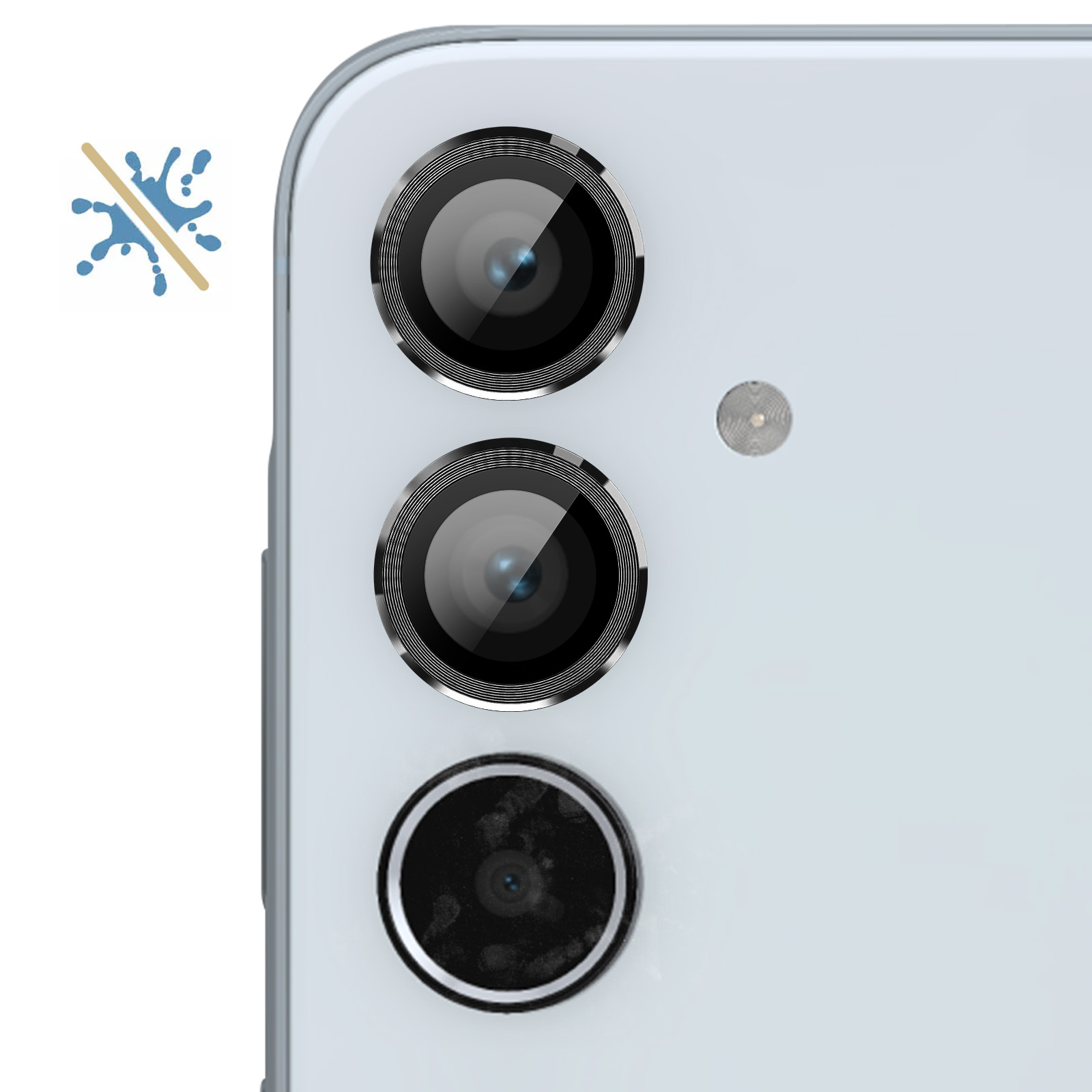 Primer plano de la parte trasera de un smartphone con tres lentes de cámara y un flash. Un icono de salpicadura de agua indica resistencia al agua.