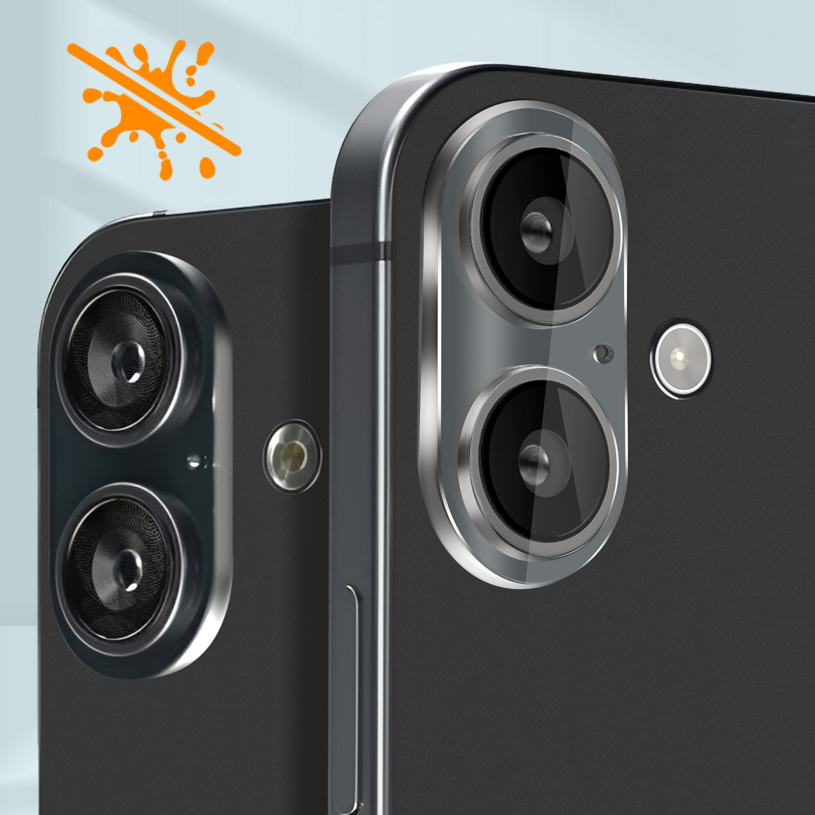 Primo piano di due fotocamere di telefoni neri con anelli argentati, uno spruzzo arancione con una linea e uno sfondo azzurro.