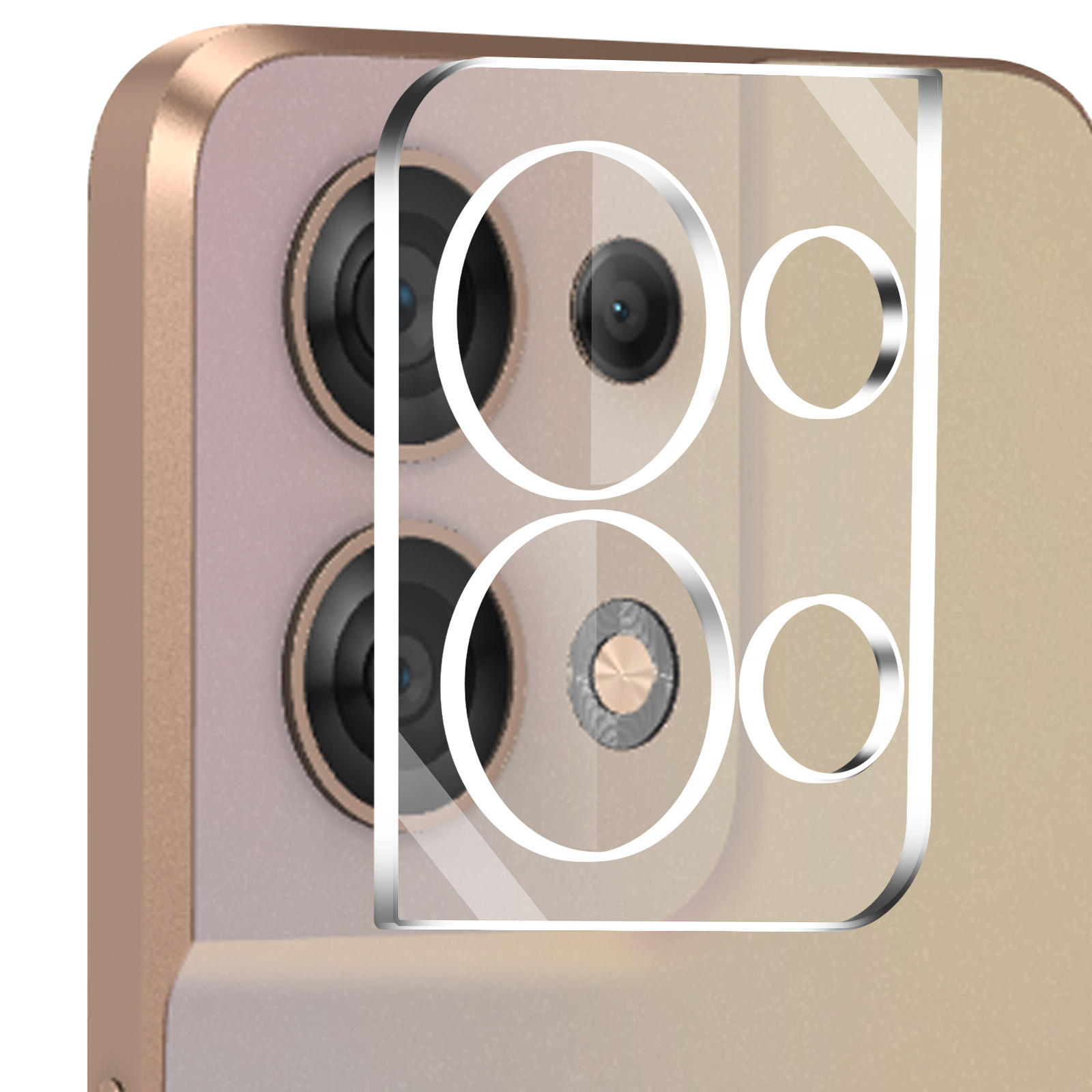 Primo piano del modulo fotocamera di un telefono con quattro lenti. Sul retro è presente una copertura protettiva trasparente. Sfondo beige e rosa chiaro.