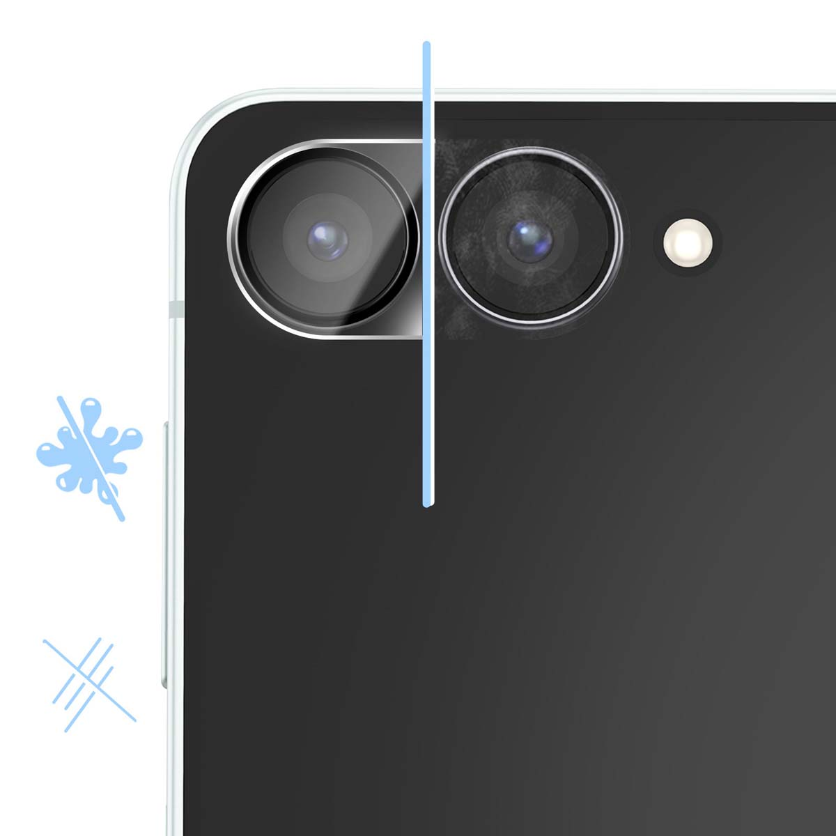 Close-up van de cameralenzen van een telefoon, met een blauwe verticale lijn en een lichtblauwe afbeelding aan de linkerkant.