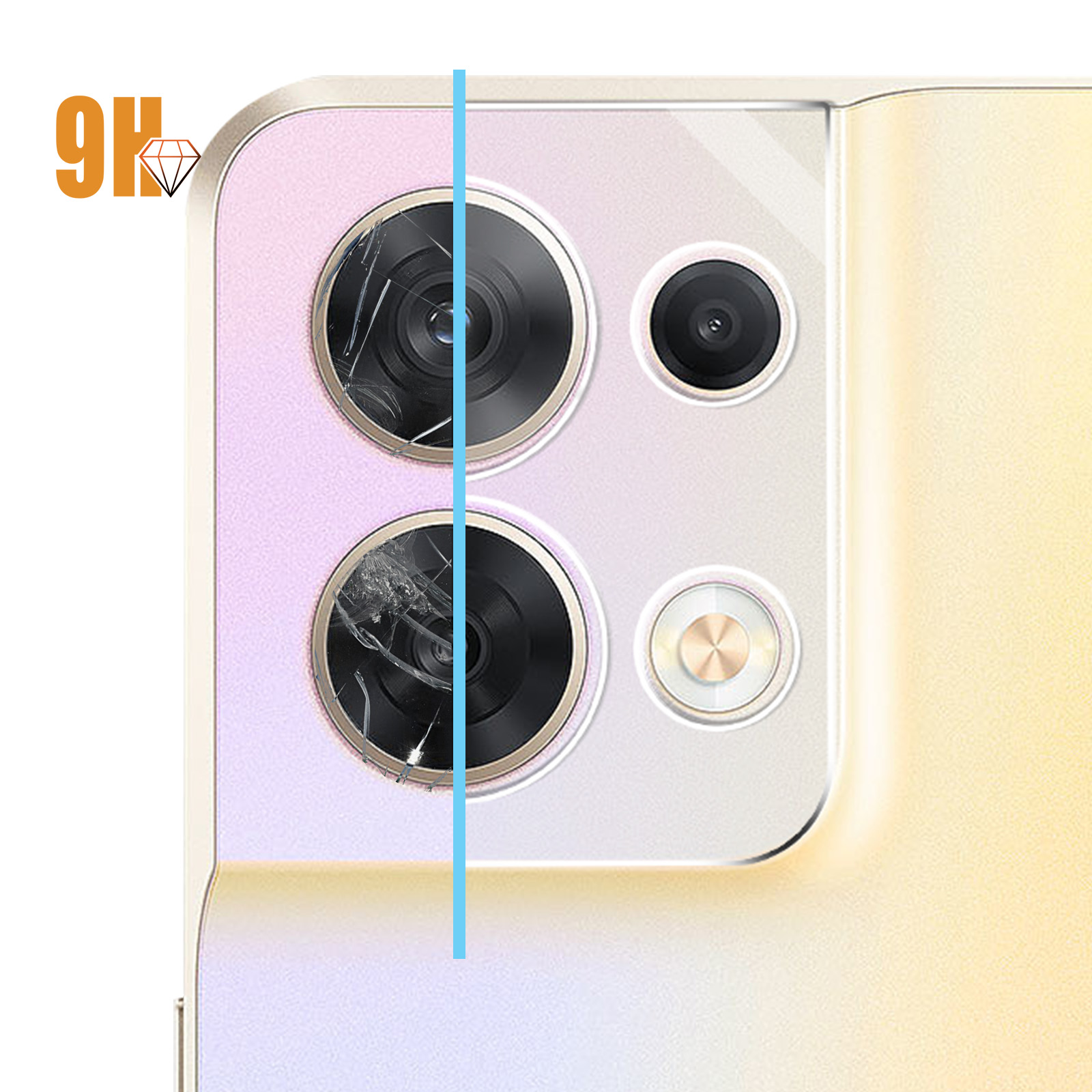 Primo piano delle fotocamere del telefono, sono visibili due lenti incrinate. Una linea blu chiaro corre verticalmente. Il telefono ha una tonalità dorata.