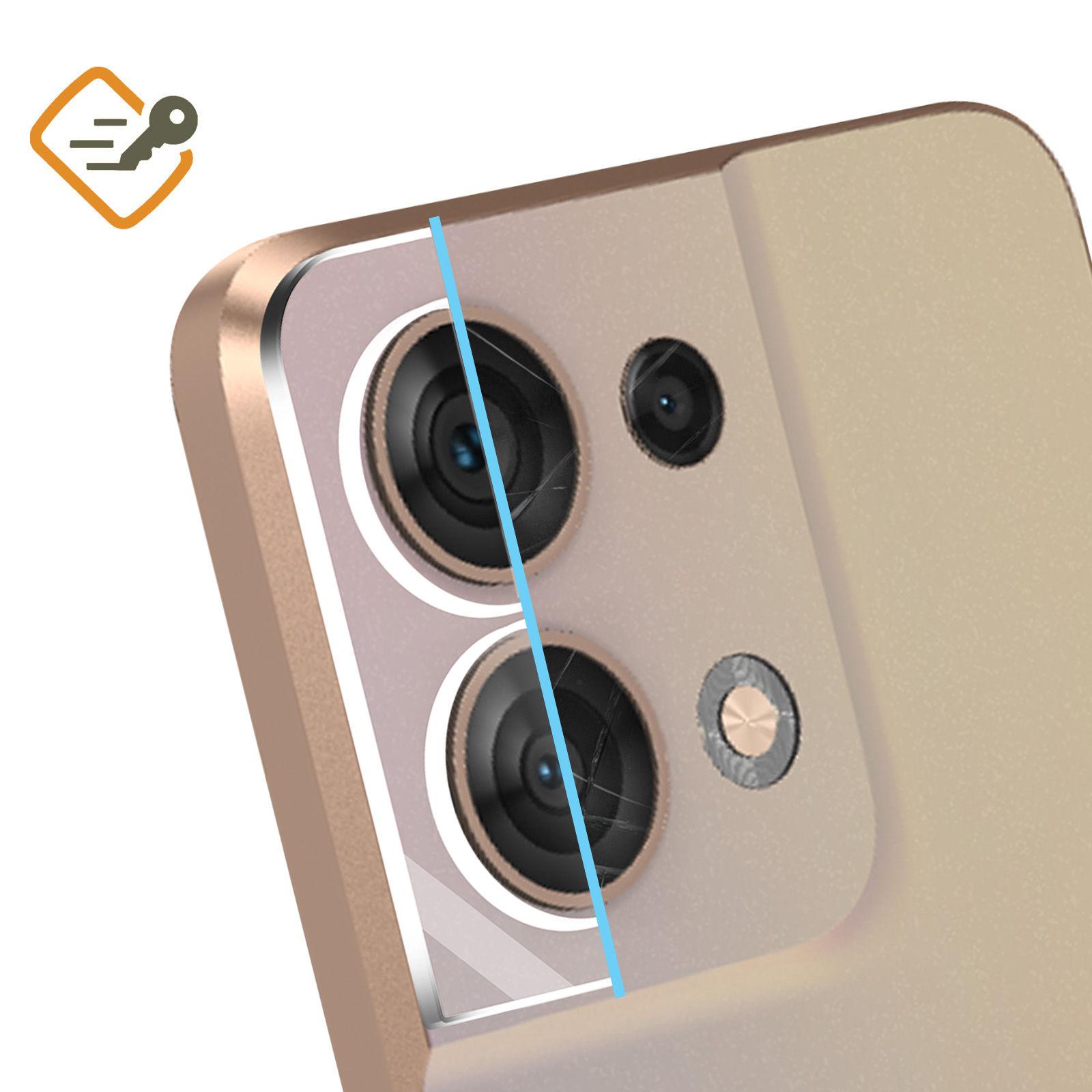 Il modulo fotocamera di un telefono è mostrato con due lenti e un proteggi schermo rotto, un'icona a forma di chiave in alto a sinistra.