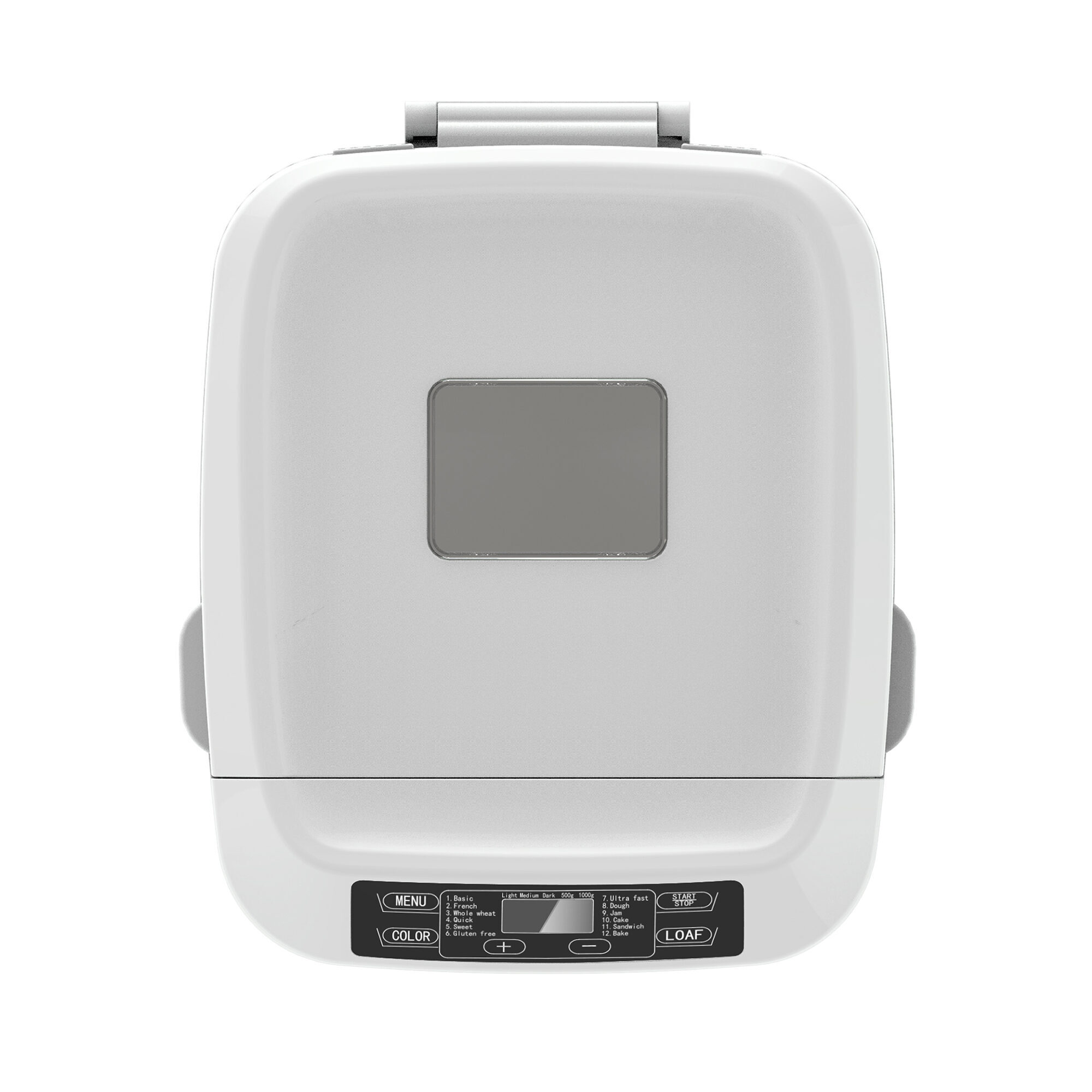 Biała maszyna do pieczenia chleba z panelem sterowania z opcjami menu, ustawieniami kolorów i wyborem rozmiaru bochenka. Na górze znajduje się uchwyt.