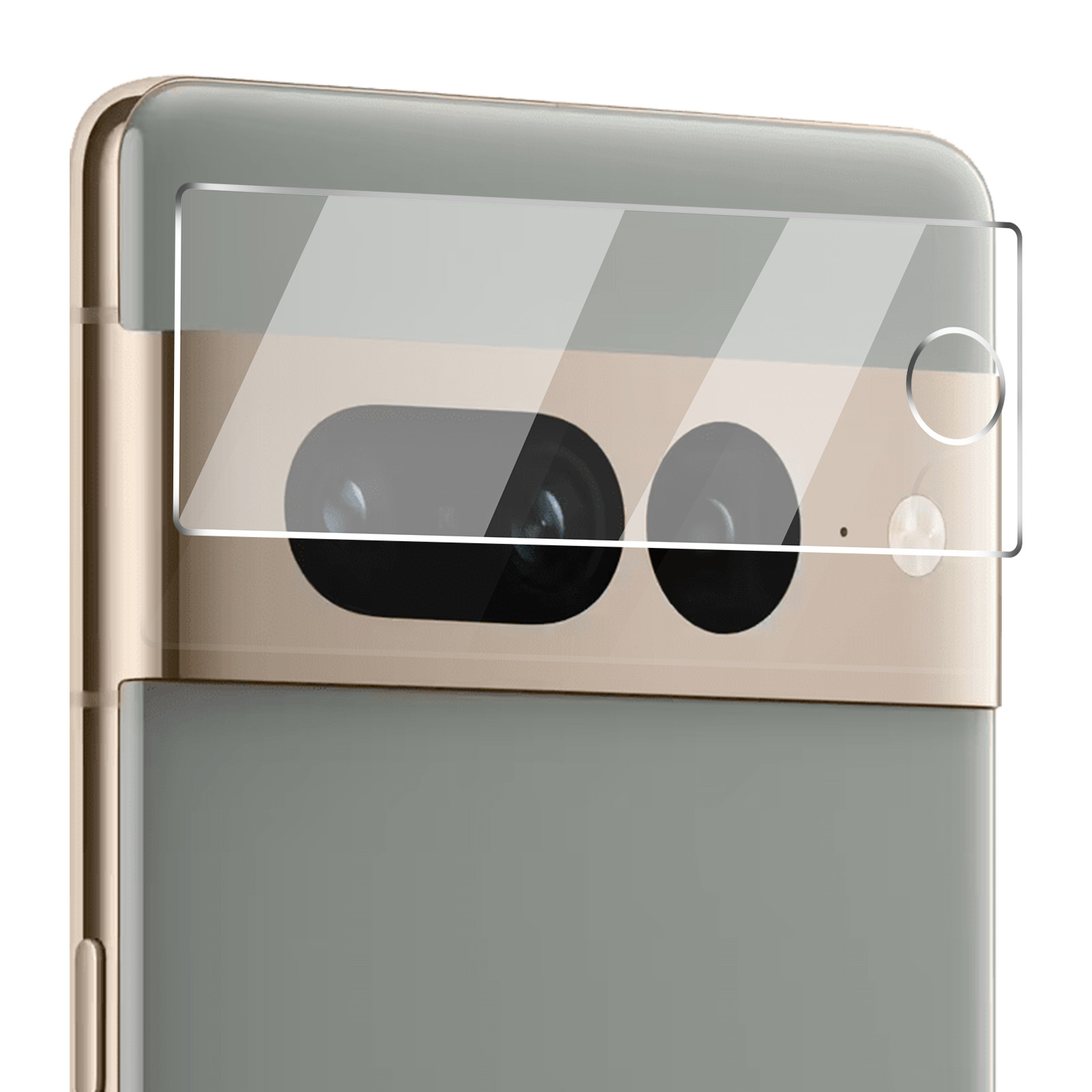 Gros plan sur le module caméra d'un smartphone avec une protection en verre. Deux lentilles, un flash et un capteur de lumière sont visibles.