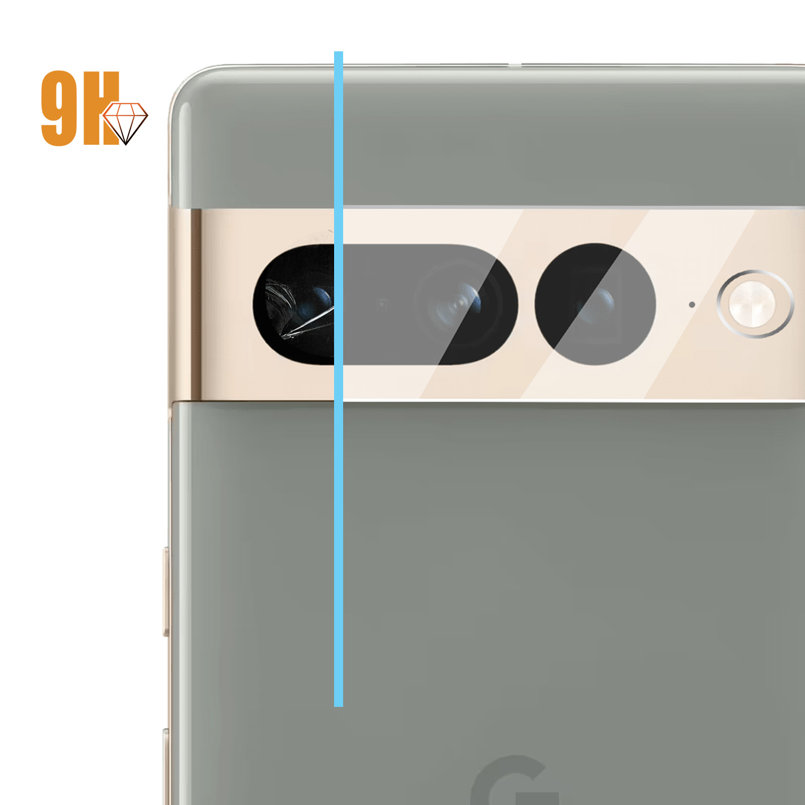 Gros plan d'un dos de smartphone, montrant les objectifs de l'appareil photo, une ligne verticale bleu clair et un logo '9H'.