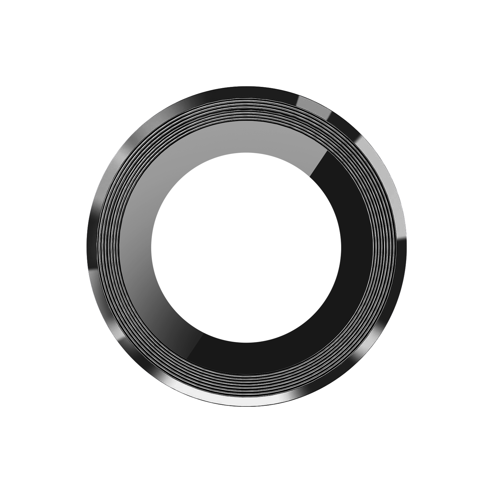 Un objeto circular con un centro blanco, rodeado de anillos concéntricos grises, negros y plateados, sobre un fondo blanco.