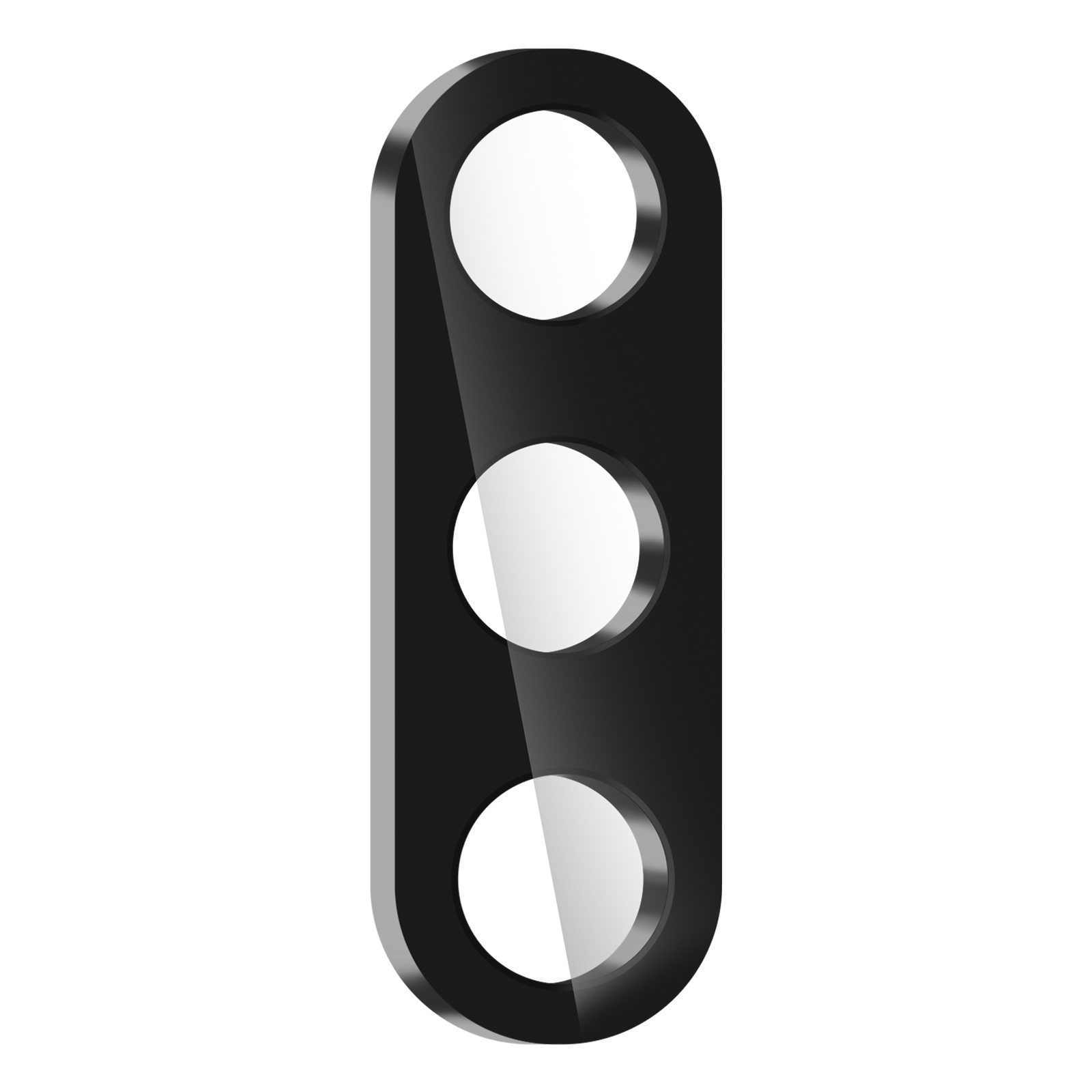 Un oggetto nero, lucido e rettangolare con tre fori circolari, ciascuno con un centro bianco. Lo sfondo è bianco.