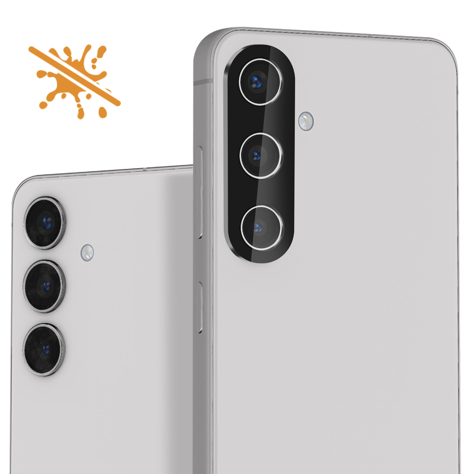 Due smartphone bianchi con fotocamere a tripla lente. È presente un'icona senza schizzi.