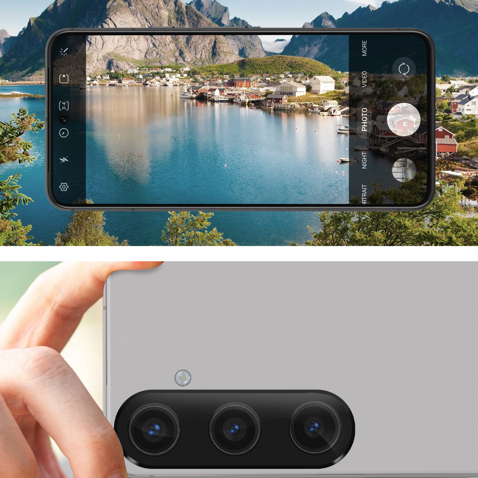 Un telefono mostra una vista panoramica di una città sul lago. Il telefono è tenuto in mano, mostrando il suo sistema di fotocamere.