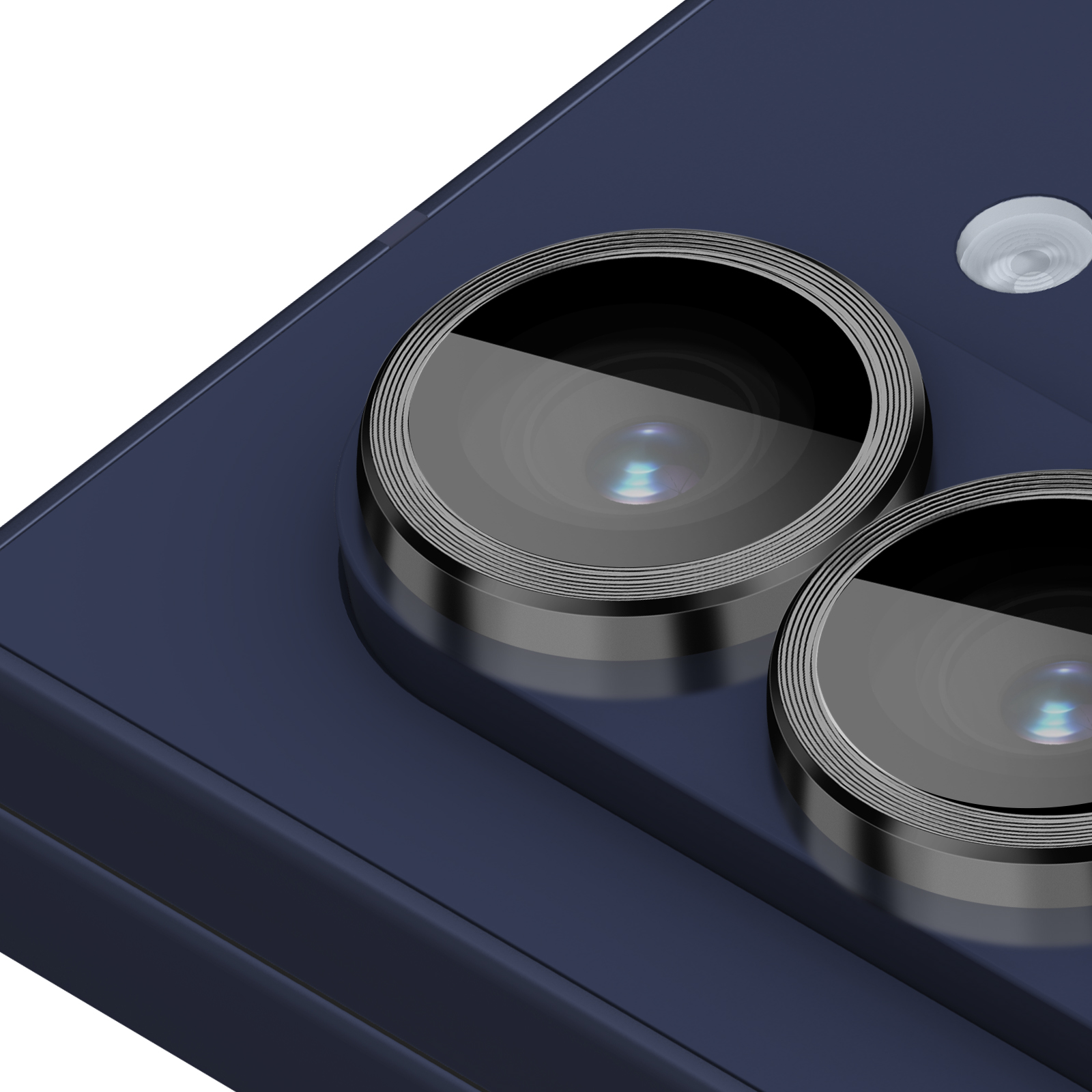 Primo piano di un telefono blu scuro con due obiettivi e un flash. Lo sfondo è bianco.