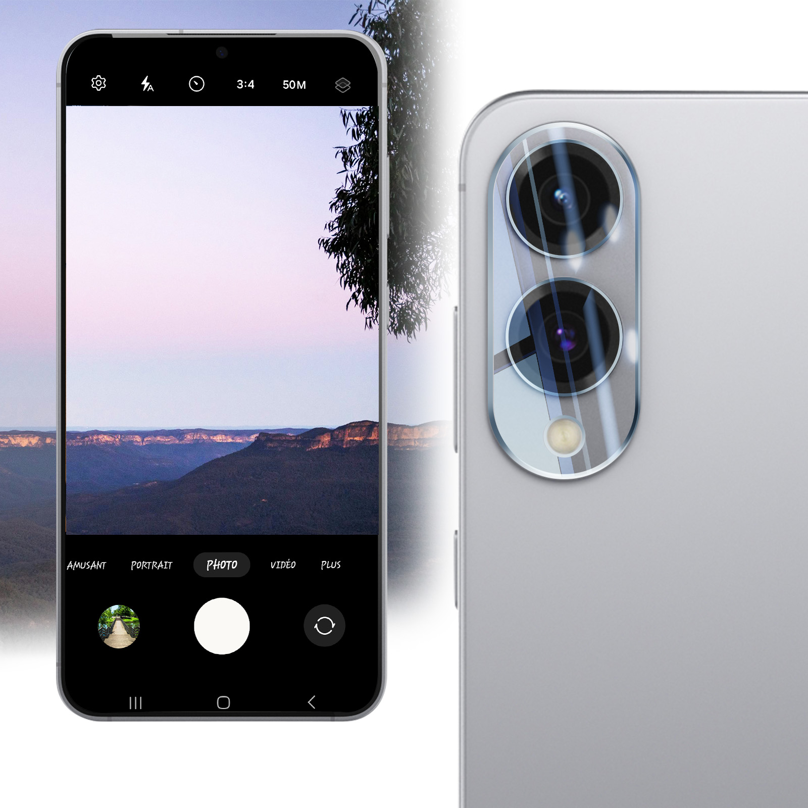 Lo schermo del telefono mostra una foto di paesaggio, montagne e cielo. Il telefono ha obiettivi e retro argento.