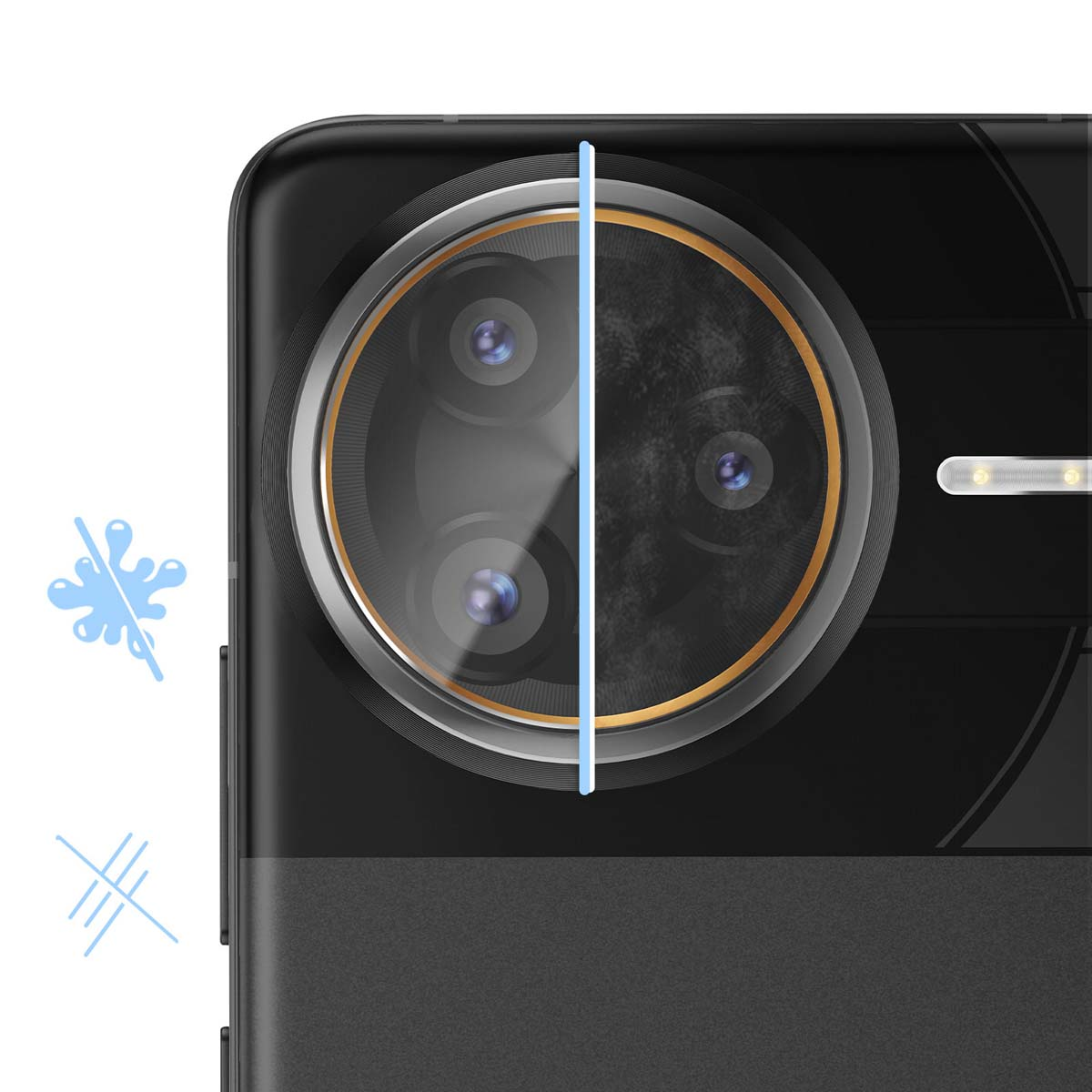 Primo piano di uno smartphone nero con un grande obiettivo. L'obiettivo ha cerchi multipli e un anello dorato. Ci sono icone azzurre.