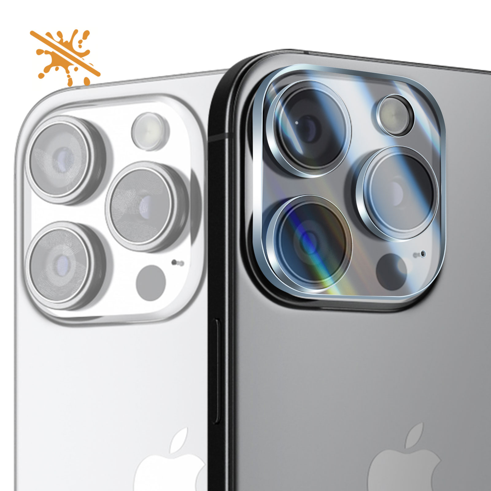 Dos teléfonos espalda con espalda con lentes de cámara visibles. Un teléfono es blanco, el otro gris. Hay un icono de "sin salpicaduras".