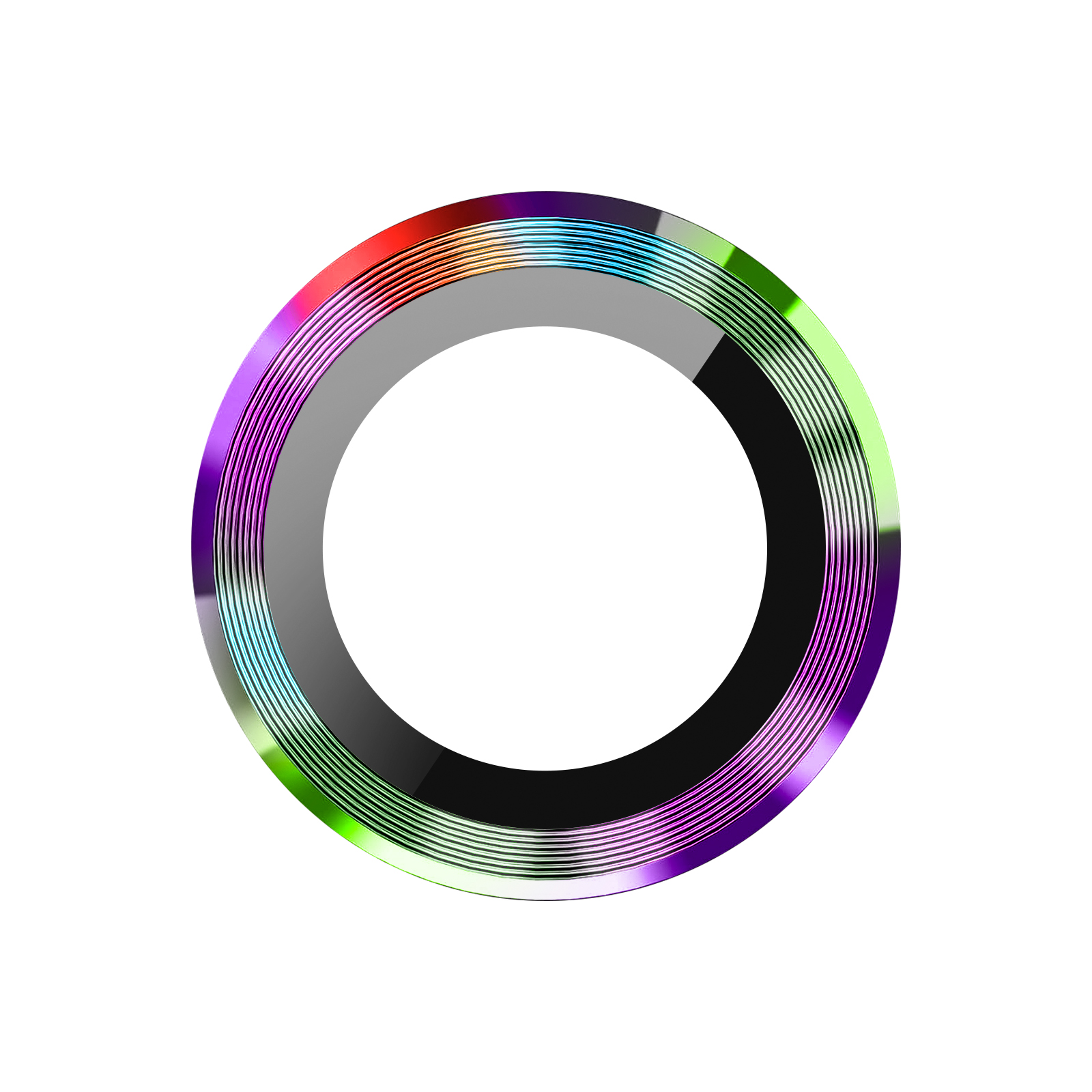 Un design circolare con una sfumatura di colori dal rosso al verde. All'interno, un anello nero e al centro bianco.