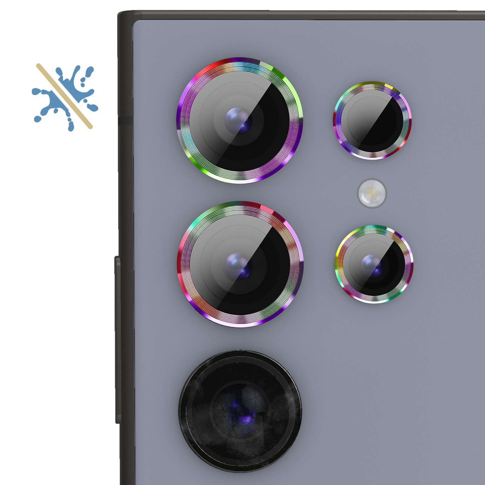Retro di smartphone con più obiettivi, anelli arcobaleno e simbolo di resistenza all'acqua. Sfondo grigio e cornice nera.